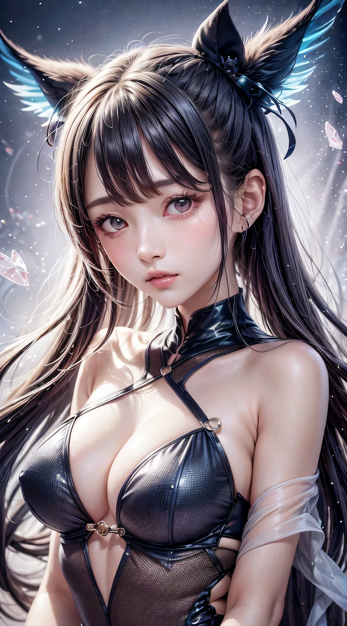 Beautiful girl story wrapped in love, Beautiful eye details, A captivating anime girl gracefully emerges from the pages of a watercolor painting, Her vivid and complex colors are, Bring your artwork to life, (see-through transparent clothes, Transparent costume:1.5), She wears a chest-opening fantasy costume decorated with delicate details,Fascinating worldview, Luminescent elements, Glowing crystals surround her like air, casting a soft, otherworldly glow,  The style of watercolor painting is、Imbues the image with a sense of fluidity and delicacy, as if the colors are effortlessly blending and bleeding into one another, Camera shot: medium shot, Soft Focus, luminescent glow　Lighting, watercolor brushstrokes, Sophisticated and very delicate anime illustration, unique colors, Portrait of an anime girl, Costume with open chest, Irridescent color,  beautiful girl illuminated by seven colors of light,