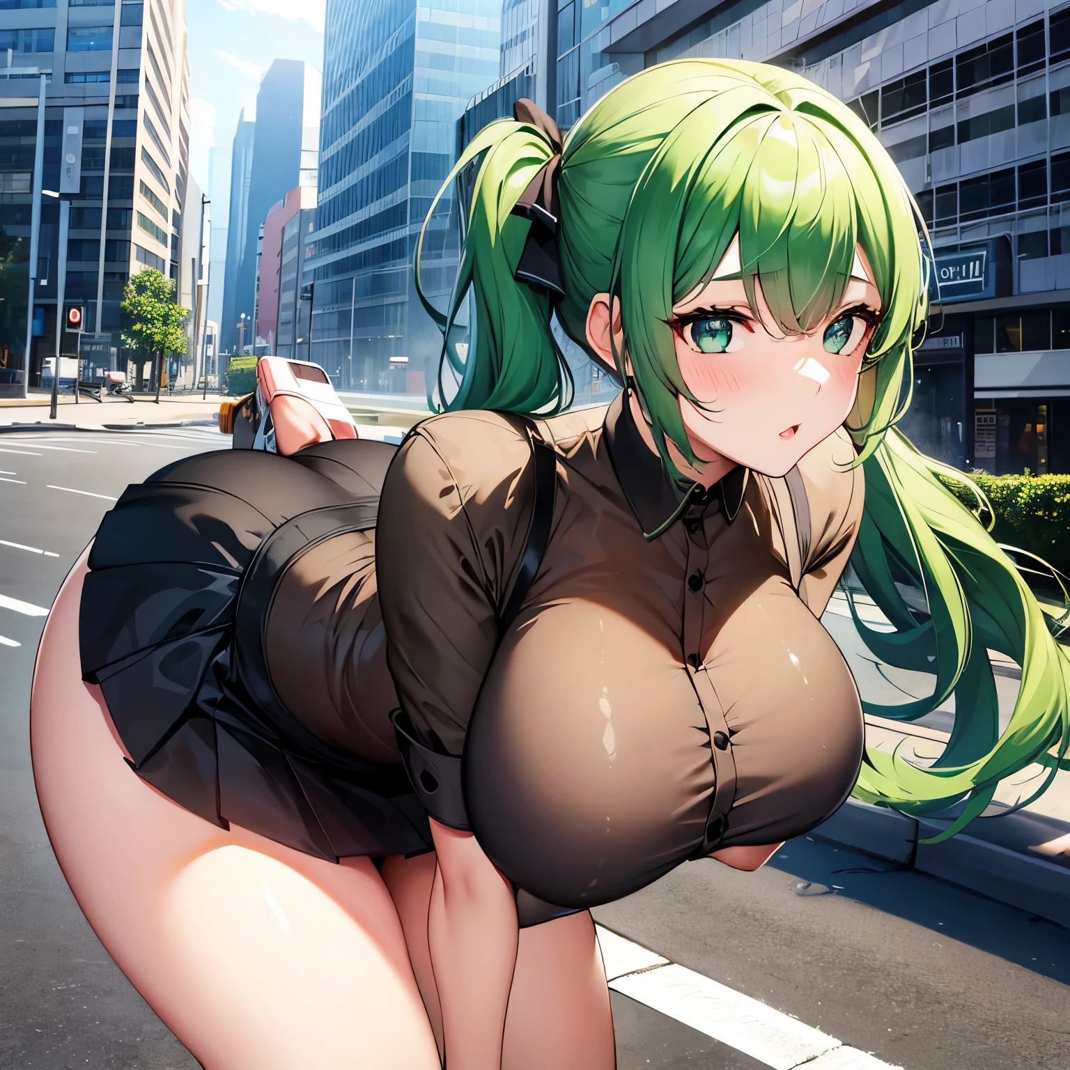 1girl, detailed face, detailed eyes, green hair, twin ponytails, emerald eyes, huge breasts, huge ass, blouse, miniskirt, outdoors, city
