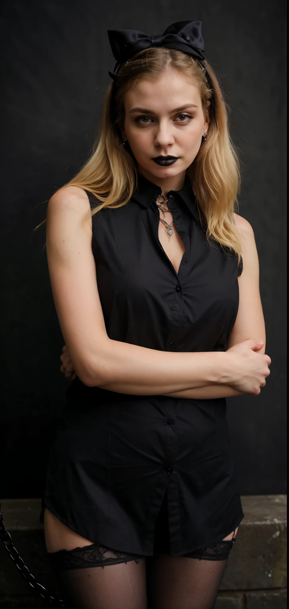 (best quality, realistic),ultra-detailed,portrait,black shirt,sleeveless,(blonde hair),(((dominance,domination, mistress, goth))),merciless expression,blushed cheeks,standing posture,(upper body), (20 years old). 