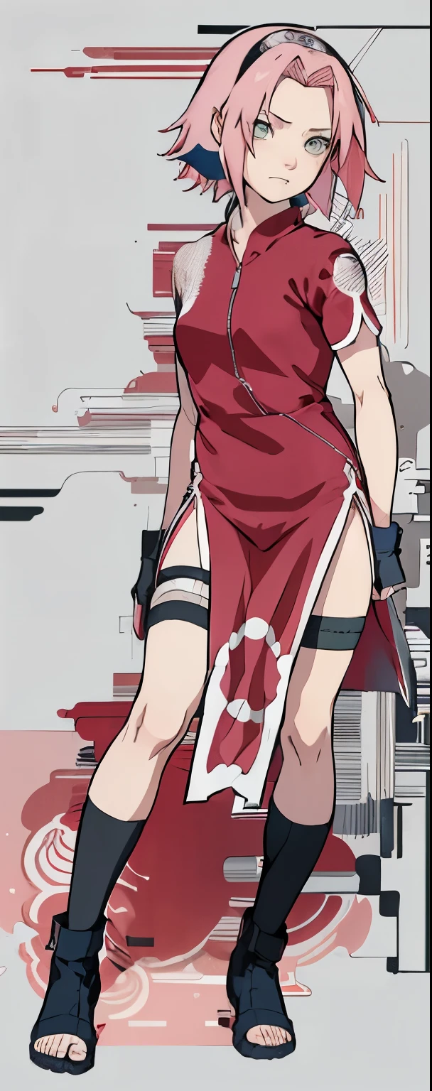 ((Best quality)), ((masterpiece)), ((details)), no background image, The image background is plain white, there is no background, perfect body, perfect face, sakura haruno, standing, looking at viewer, 1girl, solo, short hair, pink hair, green eyes, hands clenched into fists, black gloves, both hands clasped, qipao dress red colour with round white mark in the middle clothes, open dress, seen underwear, black underwear, tight shortpants, transparent shortpant, seen pussy, detail, white thigh tie on right thigh, black high boot, black high knee sock, realistic, ultra high image quality, 8k, 8k wallpaper, 70mm lens camera.