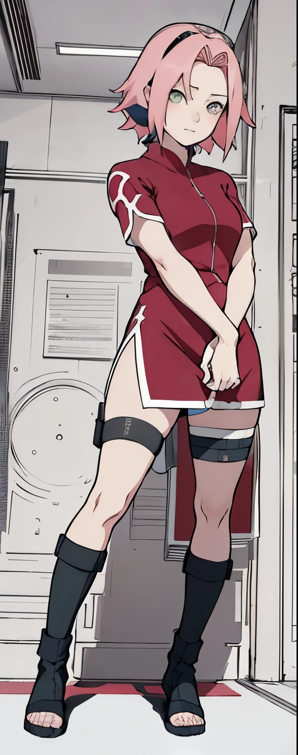 ((Best quality)), ((masterpiece)), ((details)), no background image, The image background is plain white, there is no background, perfect body, perfect face, sakura haruno, standing, looking at viewer, 1girl, solo, short hair, pink hair, green eyes, hands clenched into fists, black gloves, both hands clasped, qipao dress red colour with round white mark in the middle clothes, open dress, seen underwear, black underwear, tight shortpants, transparent shortpant, seen pussy, detail, white thigh tie on right thigh, black high boot, black high knee sock, realistic, ultra high image quality, 8k, 8k wallpaper, 70mm lens camera.