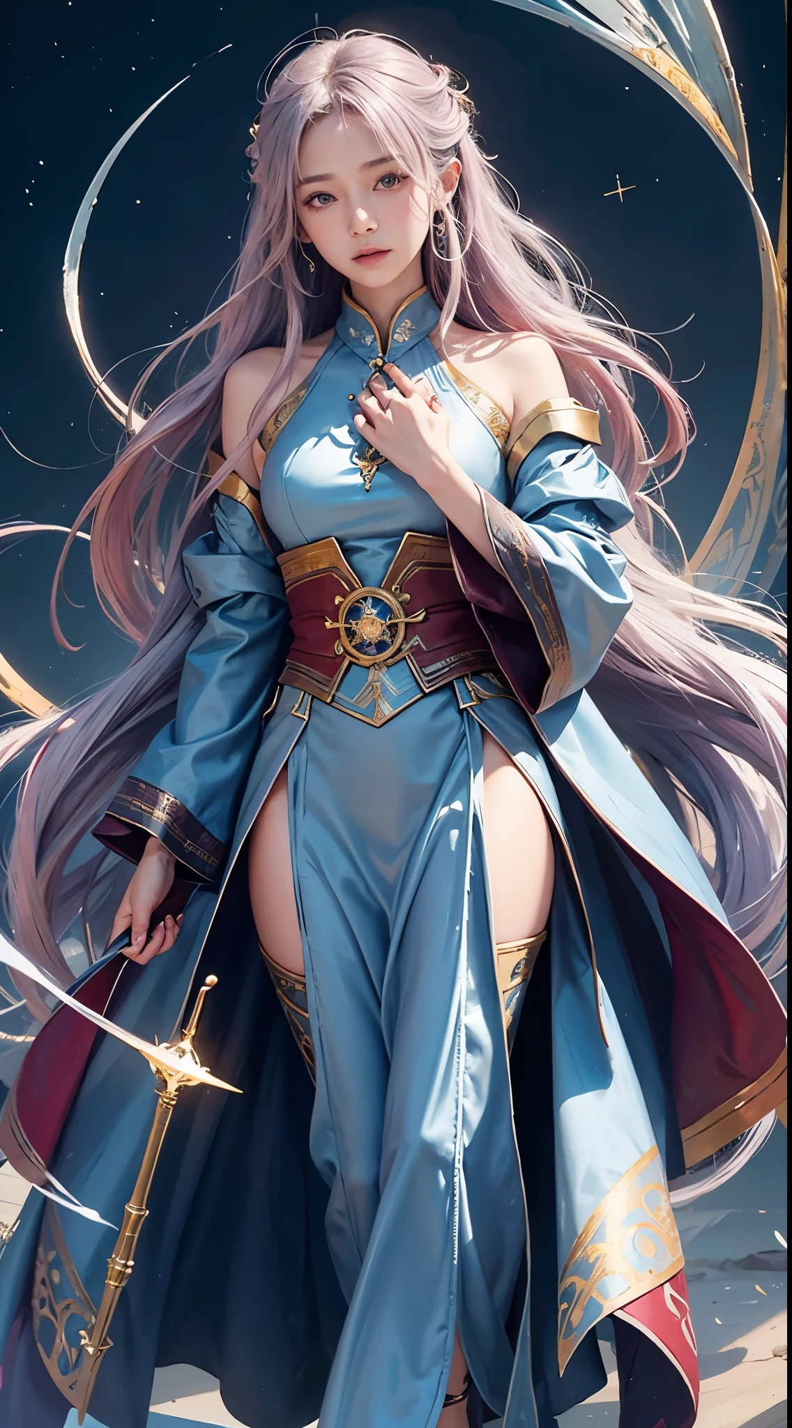 The perfect human structure、Blowing in the wind、long whitr hair、abyss eyes、glowy skin、oiled、、Wizard robes、Tattered fabric、Realistic coat、Think、Super delicate CG Unity 32k wallpaper、tmasterpiece, ((ultra - detailed)), ((illustratio)),Extremely colorful,the wallpaper,energy,Unknown terror,mind bending,Around the magic,Magical environment,wands,Boken,Flight page,Know it all,Predicting the future、Learn about the past、Infinite wisdom、Blue Flame、Warlock、Magic Circles、pentacle、Spells、mantra、Singing magic,Holy light、Pure、There are also elastic messages, Overcoming and hope. breasts are small,B size、slenderness、The chest is open、The eyes are twofold(A detailed eye), beautiful with detail、Hair that flutters in the wind、Maroon gradient hair color、The hair is silvery graded、high-heels、Gold-tone anklet、Large dial background、Beautiful girl walking on large dial。
