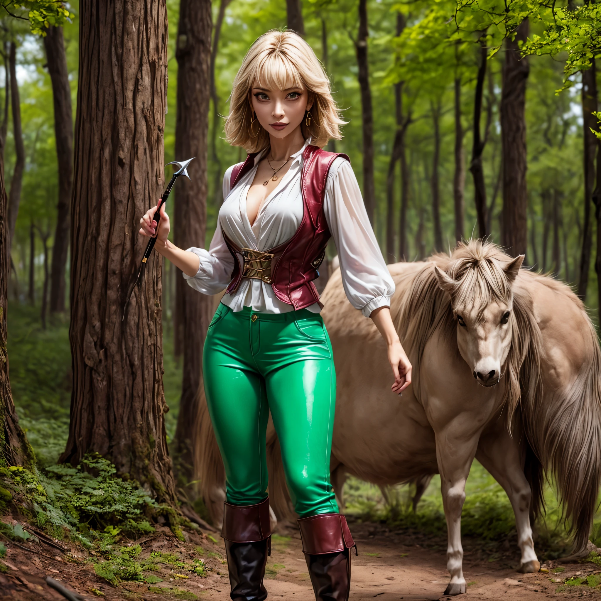 (best quality,4k,8k,highres,masterpiece:1.2),ultra-detailed, female ranger, short blond hair, spear, white shirt, green leather vest, green trousers, brown boots, A-cup, in the woods, AIKA, seethru, HDR, 8k, absurdres, cinestill 800, sharp focus, add_detail:2, (solo, woman)