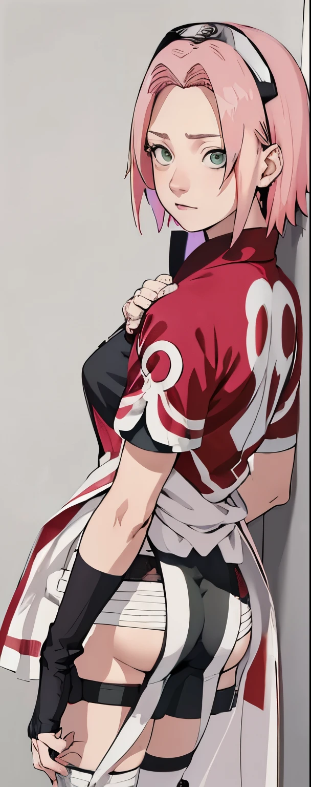 ((Best quality)), ((masterpiece)), ((details)), no background image, The image background is plain white, there is no background, perfect body, perfect face, sakura haruno, standing, looking at viewer, 1girl, solo, short hair, pink hair, green eyes, hands clenched into fists, black gloves, both hands clasped, qipao dress red colour with round white mark in the middle clothes, open dress, seen underwear, black underwear, tight shortpants, transparent shortpant, seen pussy, detail, white thigh tie on right thigh, black high boot, black high knee sock, realistic, ultra high image quality, 8k, 8k wallpaper, 70mm lens camera.