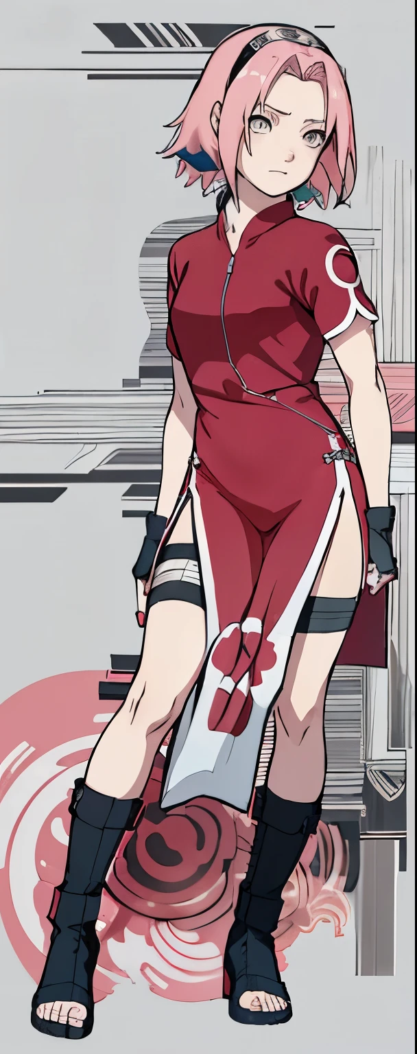 ((Best quality)), ((masterpiece)), ((details)), no background image, The image background is plain white, there is no background, perfect body, perfect face, sakura haruno, standing, looking at viewer, 1girl, solo, short hair, pink hair, green eyes, hands clenched into fists, black gloves, both hands clasped, qipao dress red colour with round white mark in the middle clothes, open dress, seen underwear, black underwear, tight shortpants, transparent shortpant, seen pussy, detail, white thigh tie on right thigh, black high boot, black high knee sock, realistic, ultra high image quality, 8k, 8k wallpaper, 70mm lens camera.