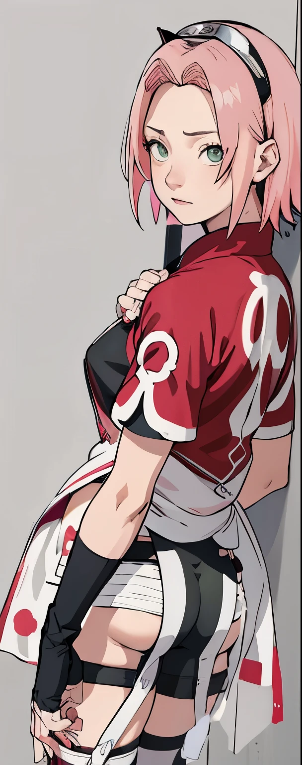 ((Best quality)), ((masterpiece)), ((details)), no background image, The image background is plain white, there is no background, perfect body, perfect face, sakura haruno, standing, looking at viewer, 1girl, solo, short hair, pink hair, green eyes, hands clenched into fists, black gloves, both hands clasped, qipao dress red colour with round white mark in the middle clothes, open dress, seen underwear, black underwear, tight shortpants, transparent shortpant, seen pussy, detail, white thigh tie on right thigh, black high boot, black high knee sock, realistic, ultra high image quality, 8k, 8k wallpaper, 70mm lens camera.
