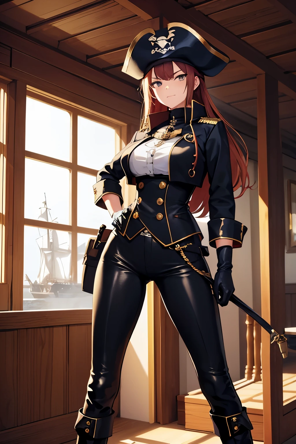 Detailed illustration, (detailed beautiful face) arrogant woman, (arrogant smile 1), in high neck pirate captain costume without sleeves, in long gloves, in pirate hat, in trousers, leather boots, in stockings, calmly stand alone in ship room, casual pose,