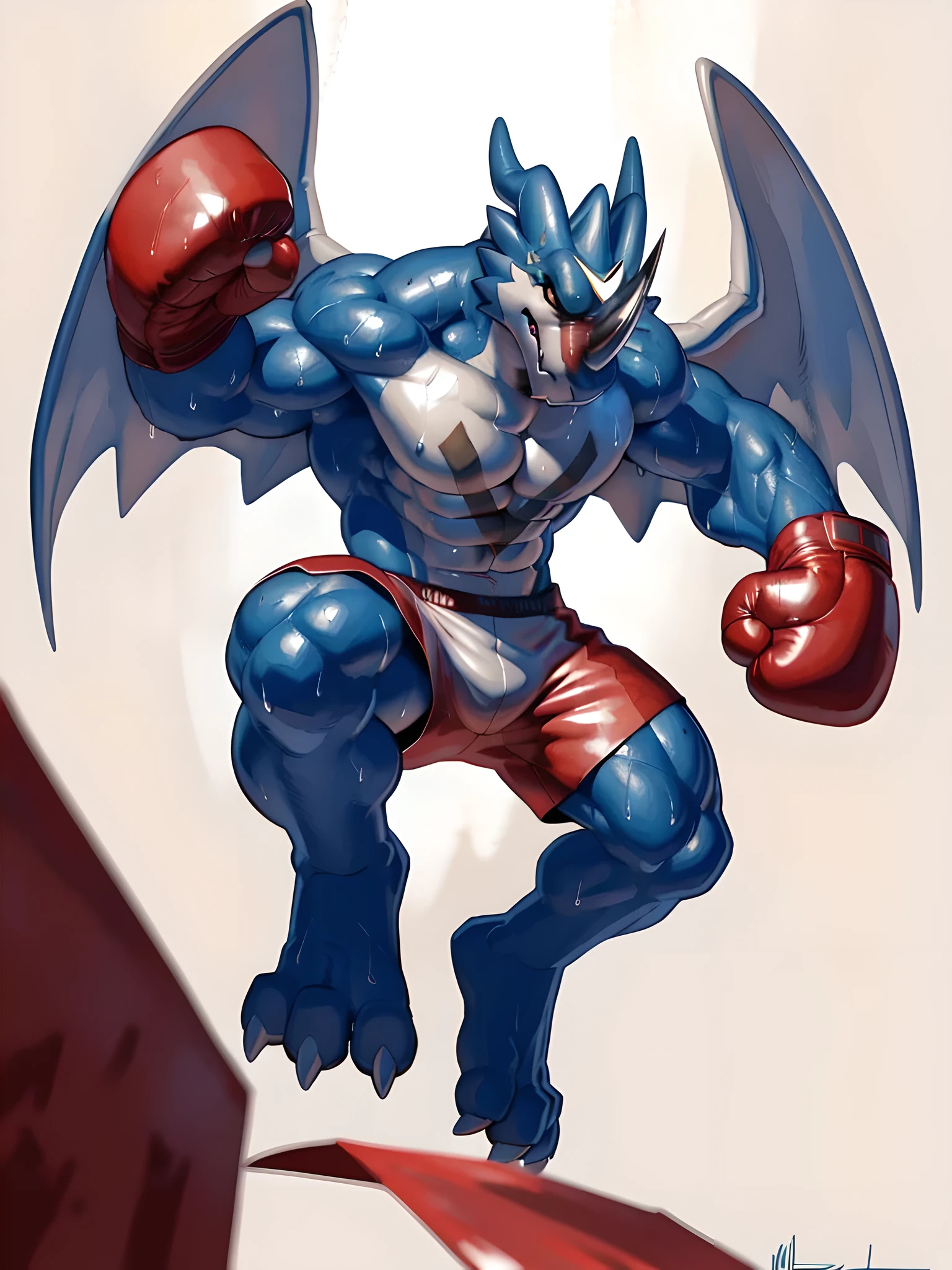 exveemon. 4k, high resolution, best quality, detailed, posted on e621, solo, anthro body, older male, masculine:1, male, very masculine, very muscular, heavyweight, (correct anatomy):1, (white background, no background:1.2), (bare torso:1.1), scales, (red boxing trunks:1.2), (red detailed boxing gloves:1.2), pair of white wings, dragon tail, correct anatomy, big feet, thick feet, (detailed eyes:1.2), sexy, (cel shaded:1.2), (sweat:1.5) shiny muscles, cartoony shading, (watercolors:1.2), strong shadows, confident, (vascular, veins:1.1), (full body):1, action pose, boxing pose, (by takemoto arashi, by meesh, by Taran Fiddler)