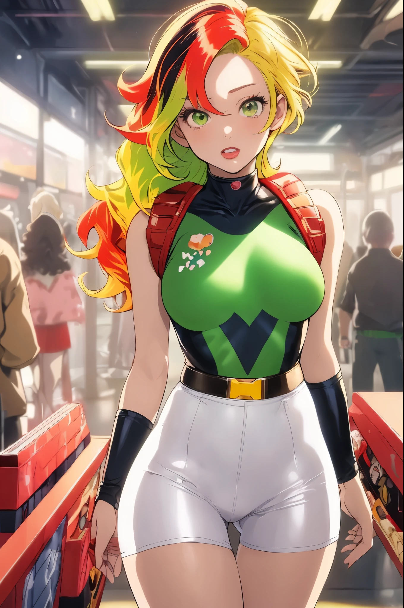 masterpiece, best quality, 1girl, red lips, solo, green eyes, green and yellow body suit, curly hair, multicolored hair, white hair, auburn hair, two-tone hair, ombre, Rogue of the X-men, Anna Lebeau, bangs, hood, side lighting, skiny skin, superhero, best illustration, ((Genshin Impact)), kawaii, anime, shiny skin, NeonLighting NeonLightingScene