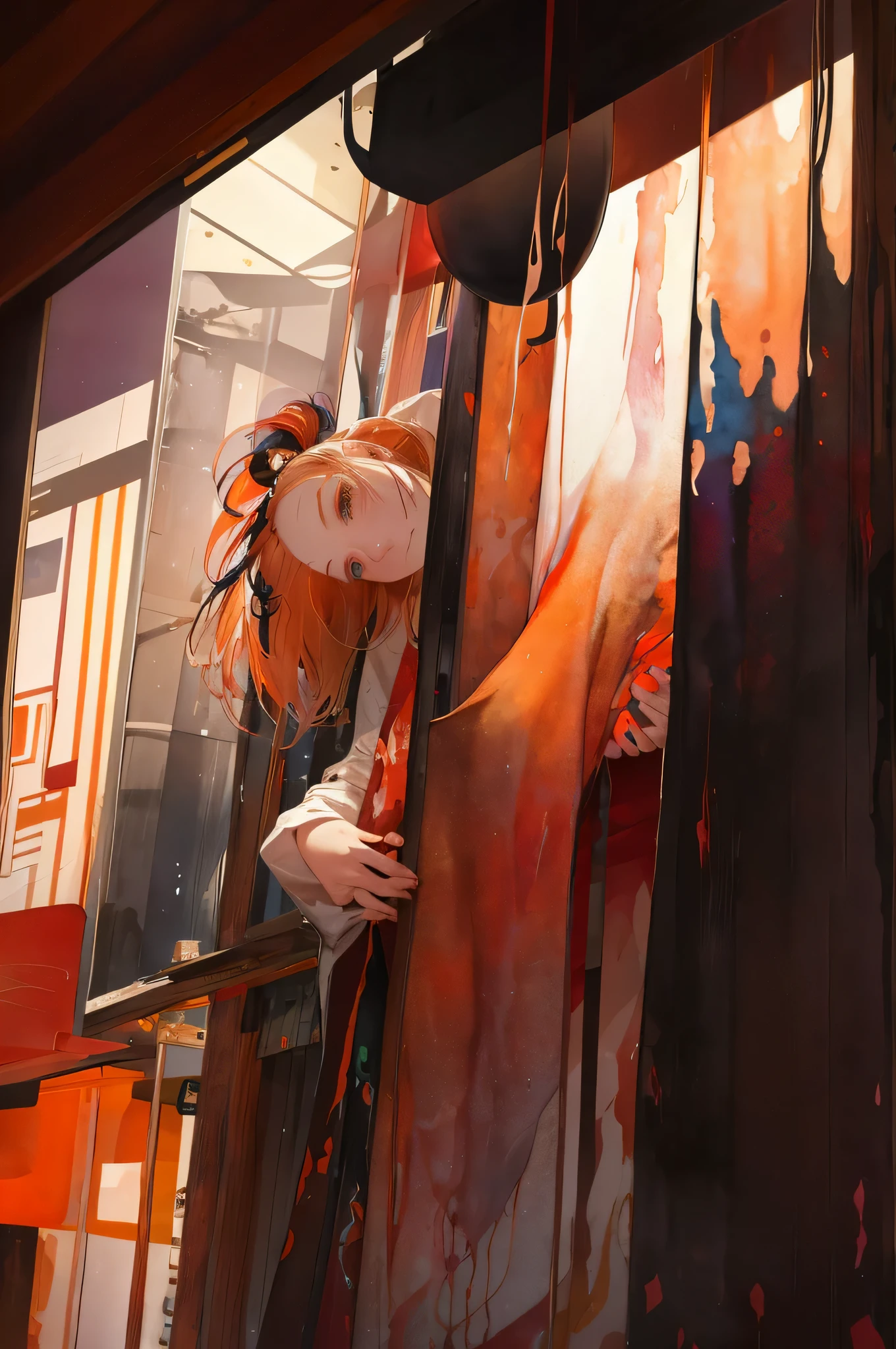Watercolor Touch、a woman by agnes cecile, Towering forever, pale colours, chinese ink drips, spot lights,Artistic,black and orange、