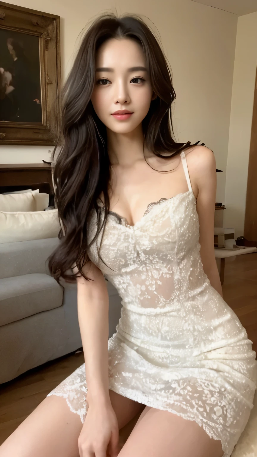 ((top-quality、8k、​masterpiece:1.3))、Beautiful woman with perfect body:1.4、slim abdomen:1.2、Longhair, normal breast, Highly detailed facial and skin texture, A detailed eye, delicate eyes, double eyelid, (smile), (full body shot), ((living room)), (sitting on chair), (((wearing white classy dress))), looking in front