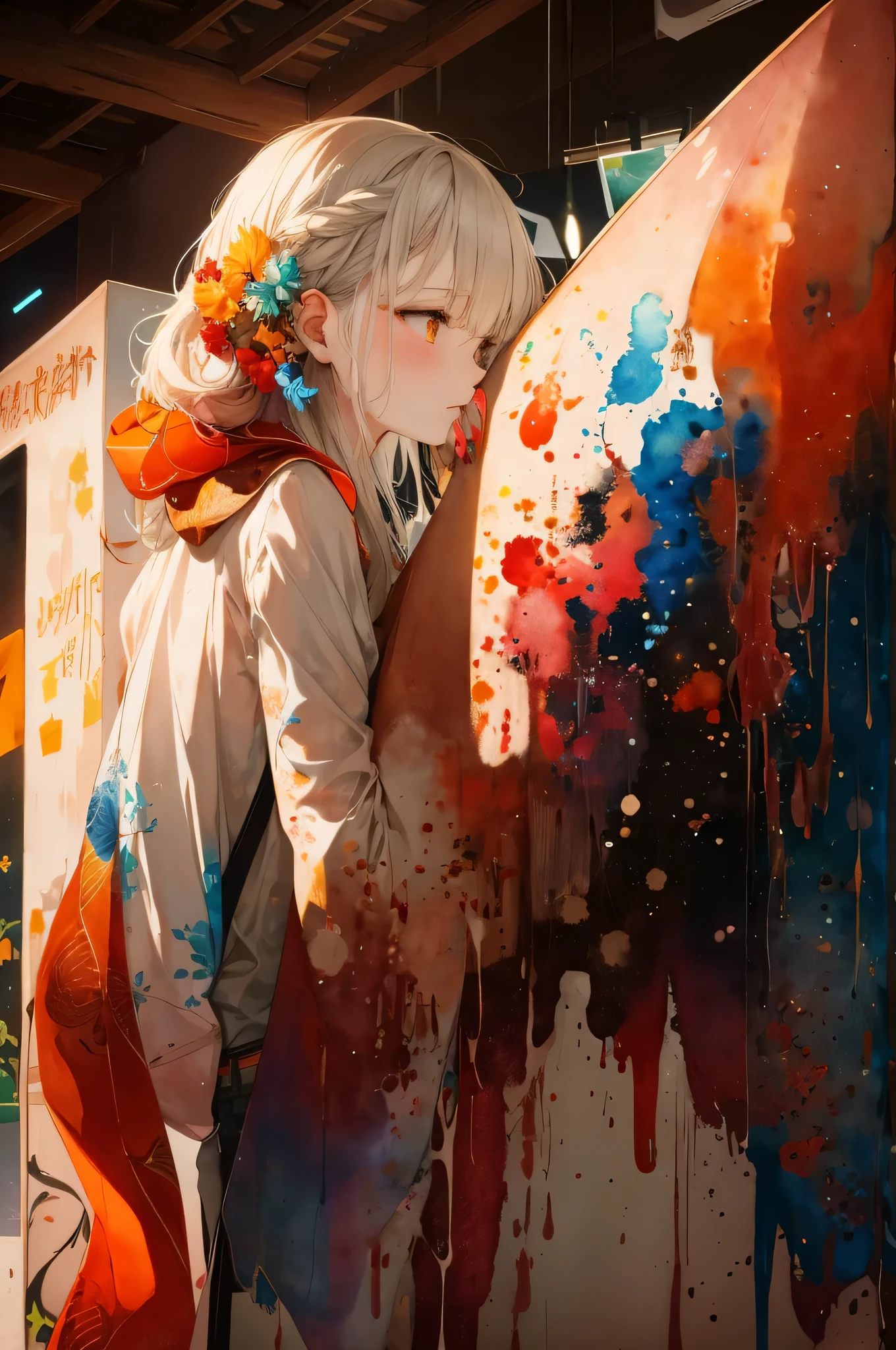 Watercolor Touch、a woman by agnes cecile, Towering forever, pale colours, chinese ink drips, spot lights,Artistic,black and orange、