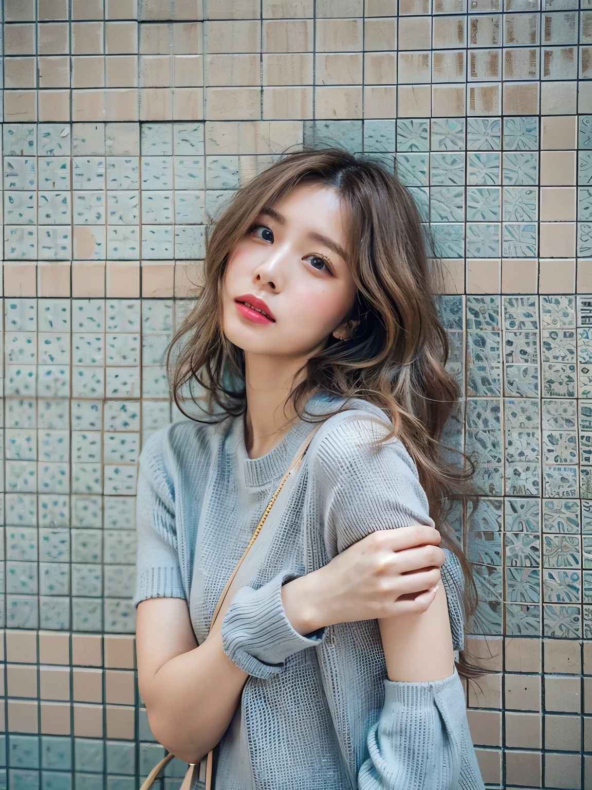 highest quality, 1 beautiful woman, 28 years old, s, 35mm lens, f/1, cowboy shot, Concrete background、Tile background、pastel blue knit、light brown、tile wall,from below、wavy hair、medium hair
