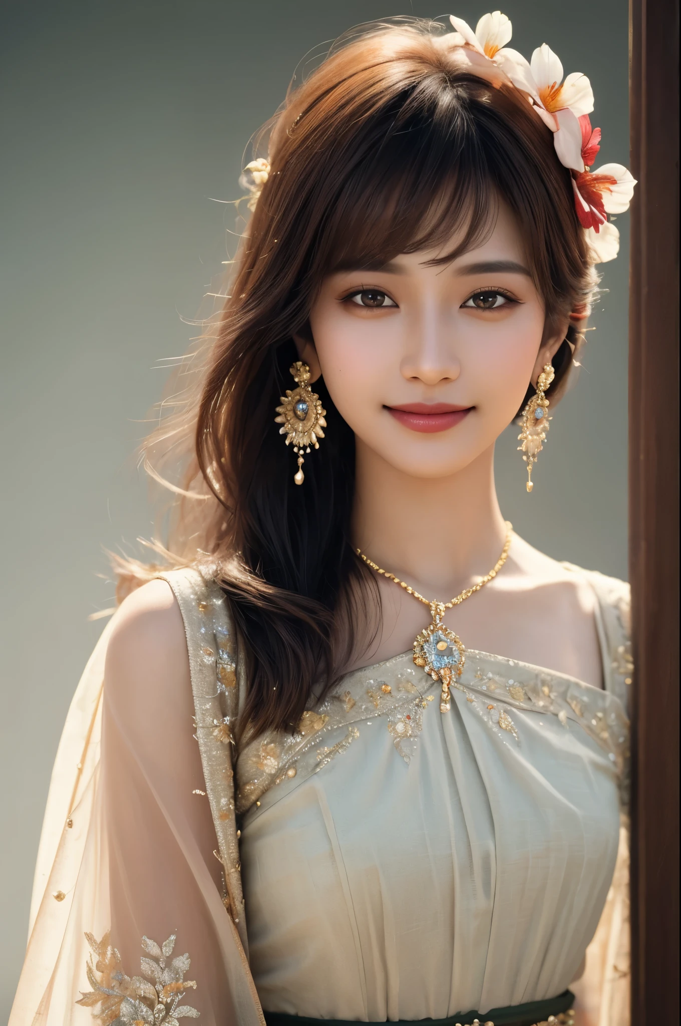 girlindia, 1girl, (smile), photo art, blurry background, brown eyes, brown hair, earrings, flower, hair flower, hair ornament, jewelry, lips, makeup, skirt, solo, a stunning photo with beautiful saturation, ultra high res,(realistic:1.4)),deep shadow,(best quality, masterpiece), pale skin, dimly lit, shade, flustered, blush, highly detailed, ((upper body:0.8)), BREAK depth of field, film grain, wrinkled skin, looking at viewer, knee, warm smile, (masterpiece,best quality:1.5) masterpiece,ultra realistic,32k,extremely detailed CG unity 8k wallpaper, best quality, (upper body:1.2)