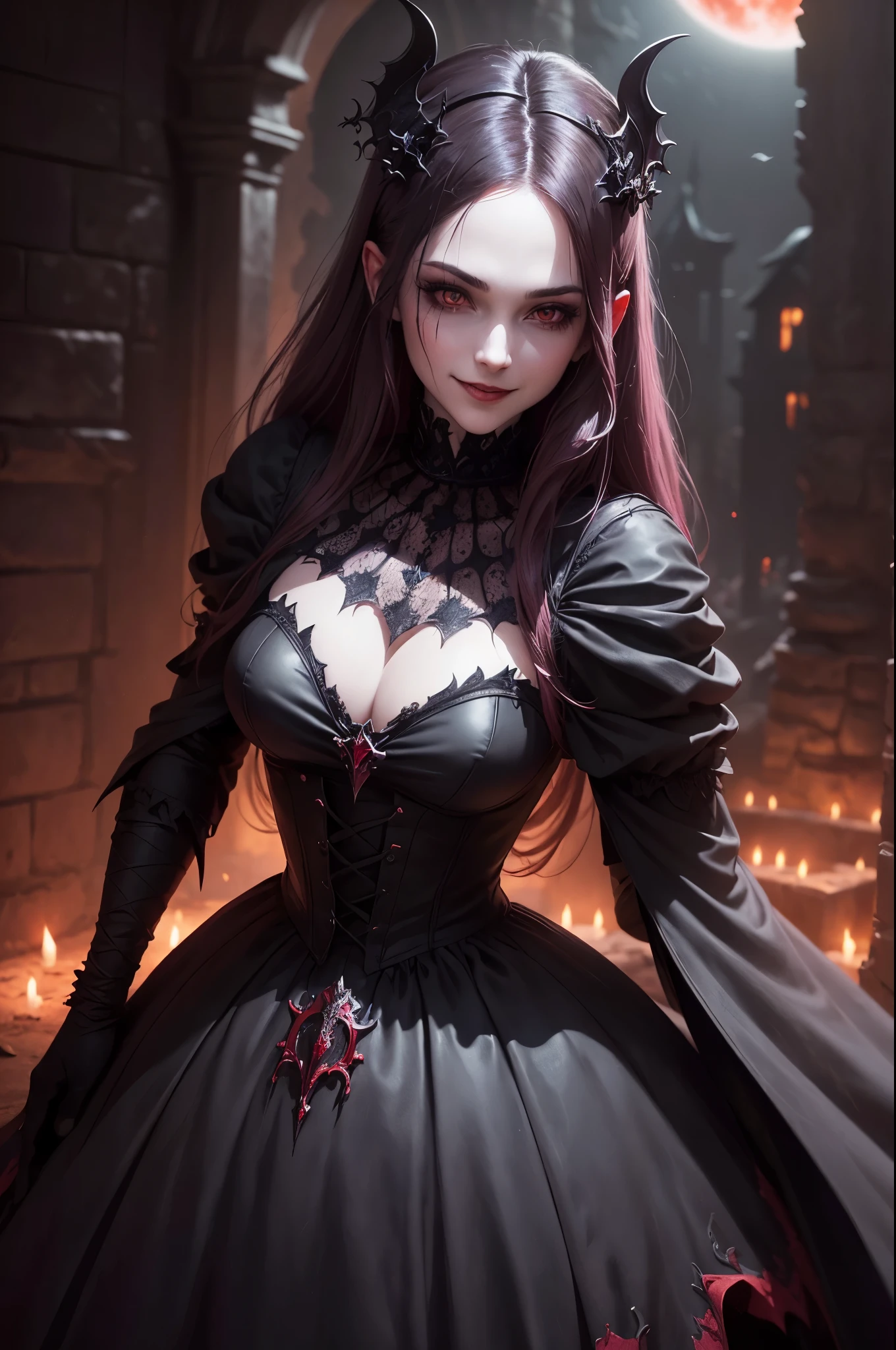 "((close up potrait)), Dark fantasy, gothic style, beautiful vampire queen, wearing a gothic-style dress, (with a bloodthirsty smile and blood on the face and body), and a blood moon in the background. The scene is set in a gothic castle with lots of shadow small bats, emphasizing the pale skin and glowing eyes."