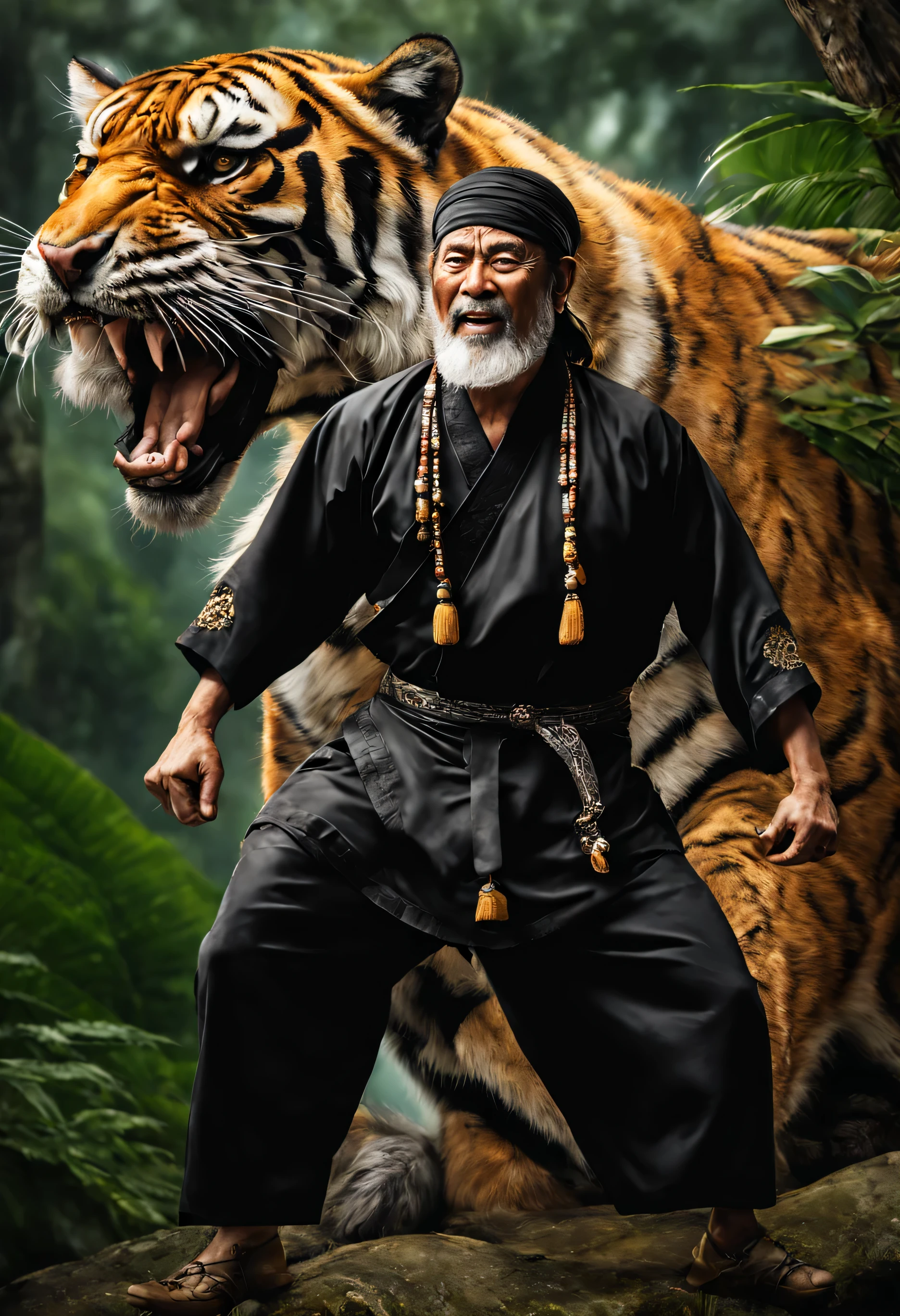 A mature malay man. age 50. long hair. rugged face. well maintain athletic body shape,  wearing black malay silat traditional outfit. ,intricate details. wearing side at his waist, with malays destar on his head. Beside him, a giant Siberian tiger, roaring fiercely. performing silat martial arts in a tropical jungle background, smoke, hyper realistic image. highly detailed, (intricate details), hdr, (intricate details, hyper detailed:1.2), cinematic shot, extremely high-resolution details, photographic, realism pushed to extreme, fine texture, incredibly life like.