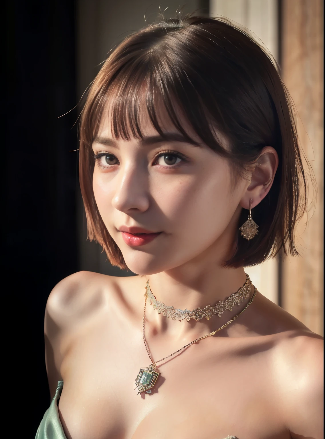 (8k, best quality, masterpiece:1.2), (realistic, photo-realistic:1.37), best quality, masterpiece, unity, an extremely delicate and beautiful, extremely detailed, Amazing, finely detail, masterpiece, best quality, official art, absurdres, incredibly absurdres, huge filesize, ultra-detailed, highres, extremely detailed, beautiful detailed girl, extremely detailed eyes and face, beautiful detailed eyes, light on face, nose blush, ((1girl)), blue eyes, green eyes, red lips, eye_makeup, short hair, bob_cut, (full_body_1.3), necklace, earrings, medium breasts, cleavage, lace_rims, tattoo, choker, slim_waist, ((firm_abs)), shiny skin, outdoor, professional lighting, detailed shadow, sharp_focus, supermodels, smiling, posing, rim lighting, nude,