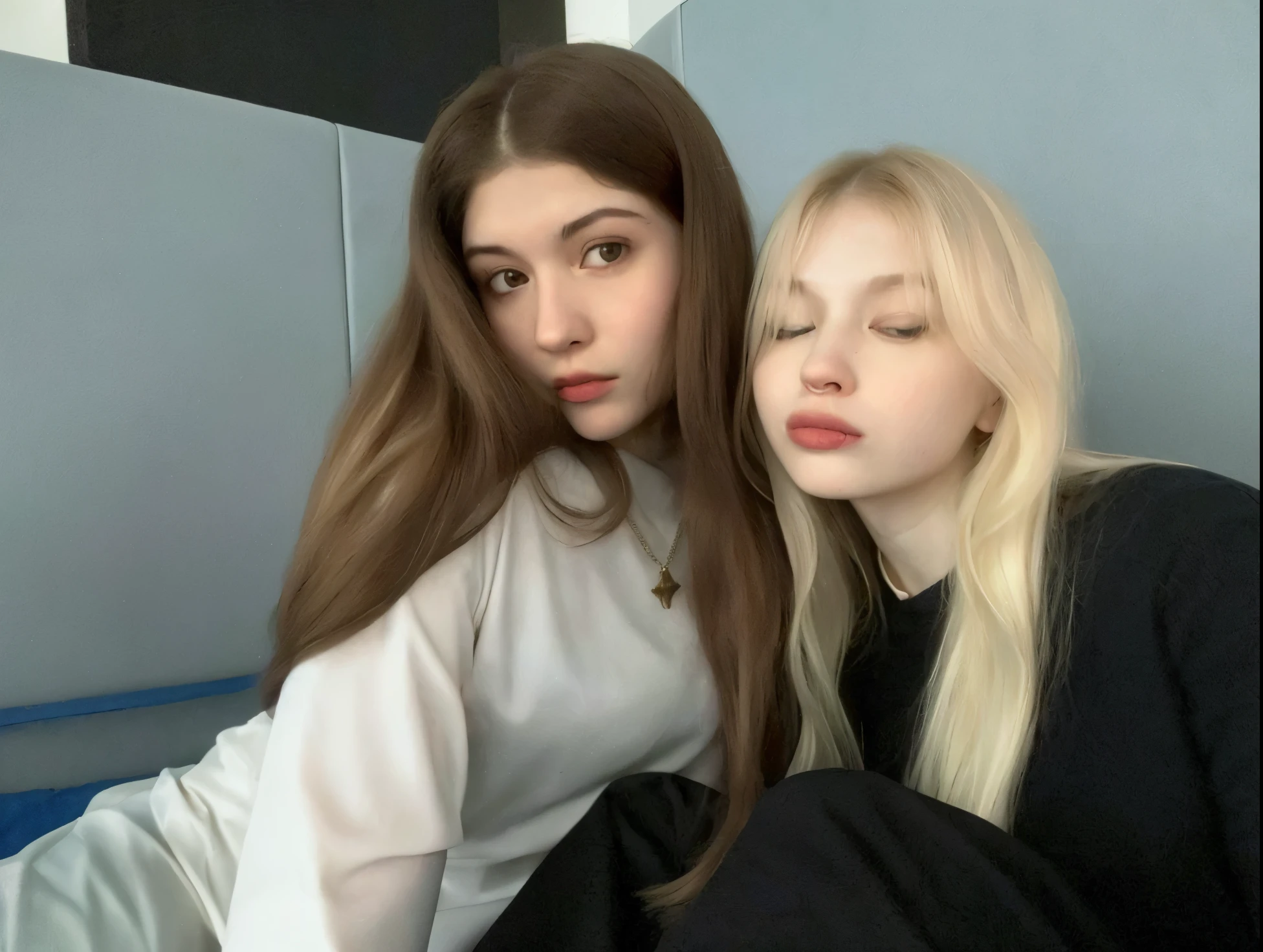 duas mulheres sentadas em uma cama com os olhos fechados, with pale skin, Duas garotas, very very very pale skin, aurora aksnes e zendaya, imagem de perfil, dasha taran, very very pale white skin, julia hetta, very pale white skin, cabelo loiro muito claro, very pale skin, Yelena Belova, annoying sister vibes