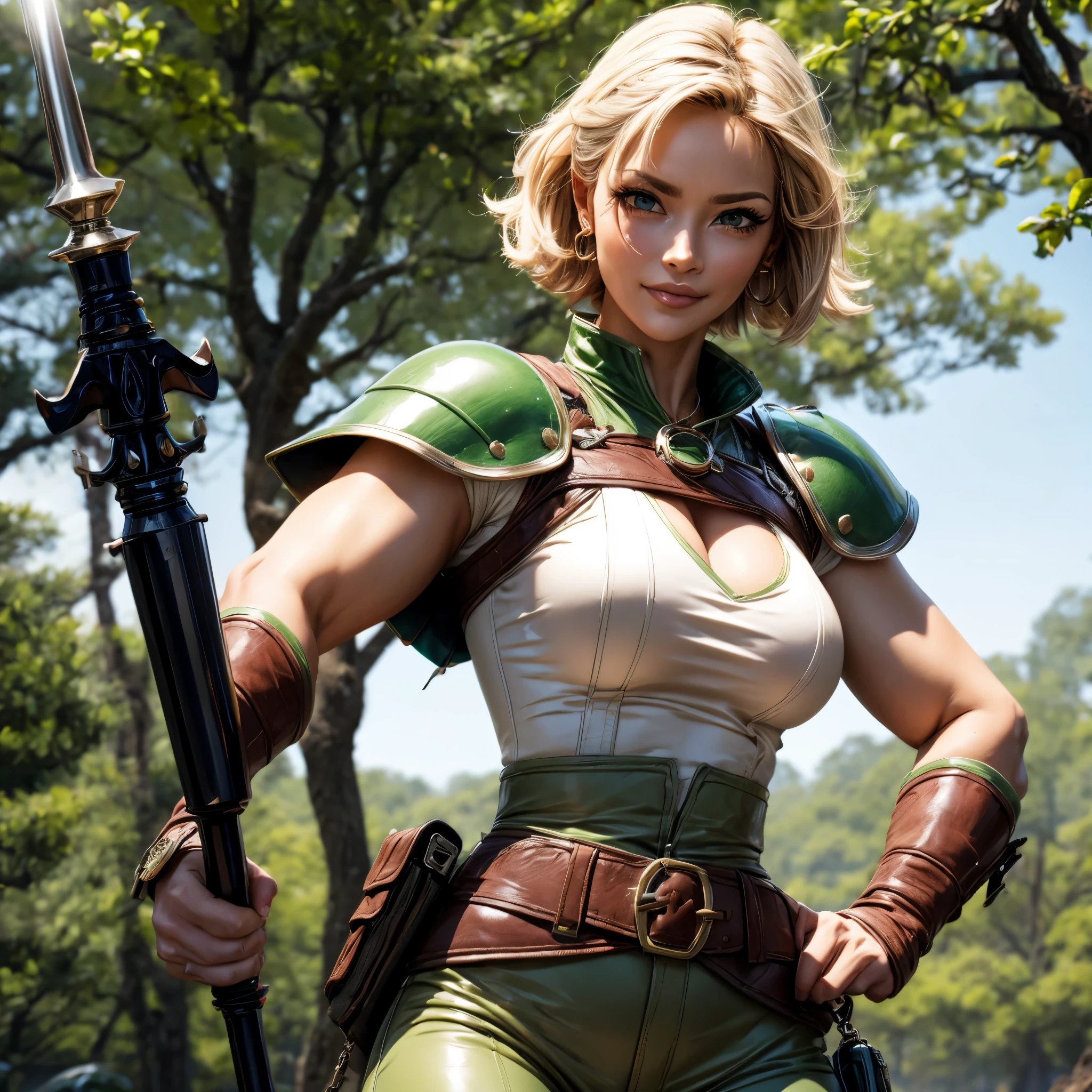 (best quality,4k,8k,highres,masterpiece:1.2),ultra-detailed, female ranger, short blond hair, spear, white shirt, green leather vest, green trousers, brown boots, A-cup, in the woods, AIKA, seethru, HDR, 8k, absurdres, cinestill 800, sharp focus, add_detail:2, (solo, woman)