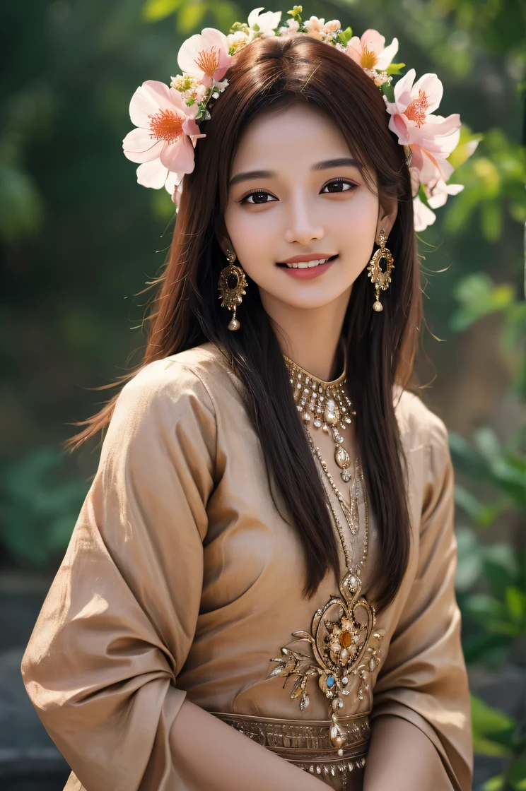 GirlIndia, 1 girl, (smile), Photographic art, blurred background, Brown eyes, Brown hair, earrings, flower, hair flower, hair ornament, Jewelry, lips, draw up, dress, One, Stunning photo with beautiful saturation, ultra high resolution,(Realistic:1.4)),deep shadow,(Best quality, masterpiece), pale skin, dimly lit, shade, excited, blush, very detailed, ((Upper body:0.8)), skinny, BREAK Depth of Field, detailing, Wrinkled skin, Looking at the viewer, knee, warm smile, (masterpiece,Best quality:1.5) masterpiece,ultra Realistic,32K,extremely detailed CG Unity 8k wallpaper, Best quality, (Upper body:1.2)