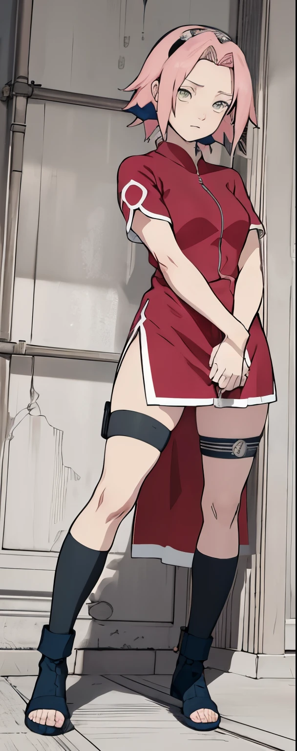 ((Best quality)), ((masterpiece)), ((details)), no background image, The image background is plain white, there is no background, perfect body, perfect face, sakura haruno, standing, looking at viewer, 1girl, solo, short hair, pink hair, green eyes, hands clenched into fists, black gloves, both hands clasped, open clothed, open wear, open the dressed, qipao dress red colour with round white mark in the middle clothes, open dress, seen underwear, black underwear, tight shortpants, transparent shortpant, seen pussy, detail, white thigh tie on right thigh, black high boot, black high knee sock, realistic, ultra high image quality, 8k, 8k wallpaper, 70mm lens camera.