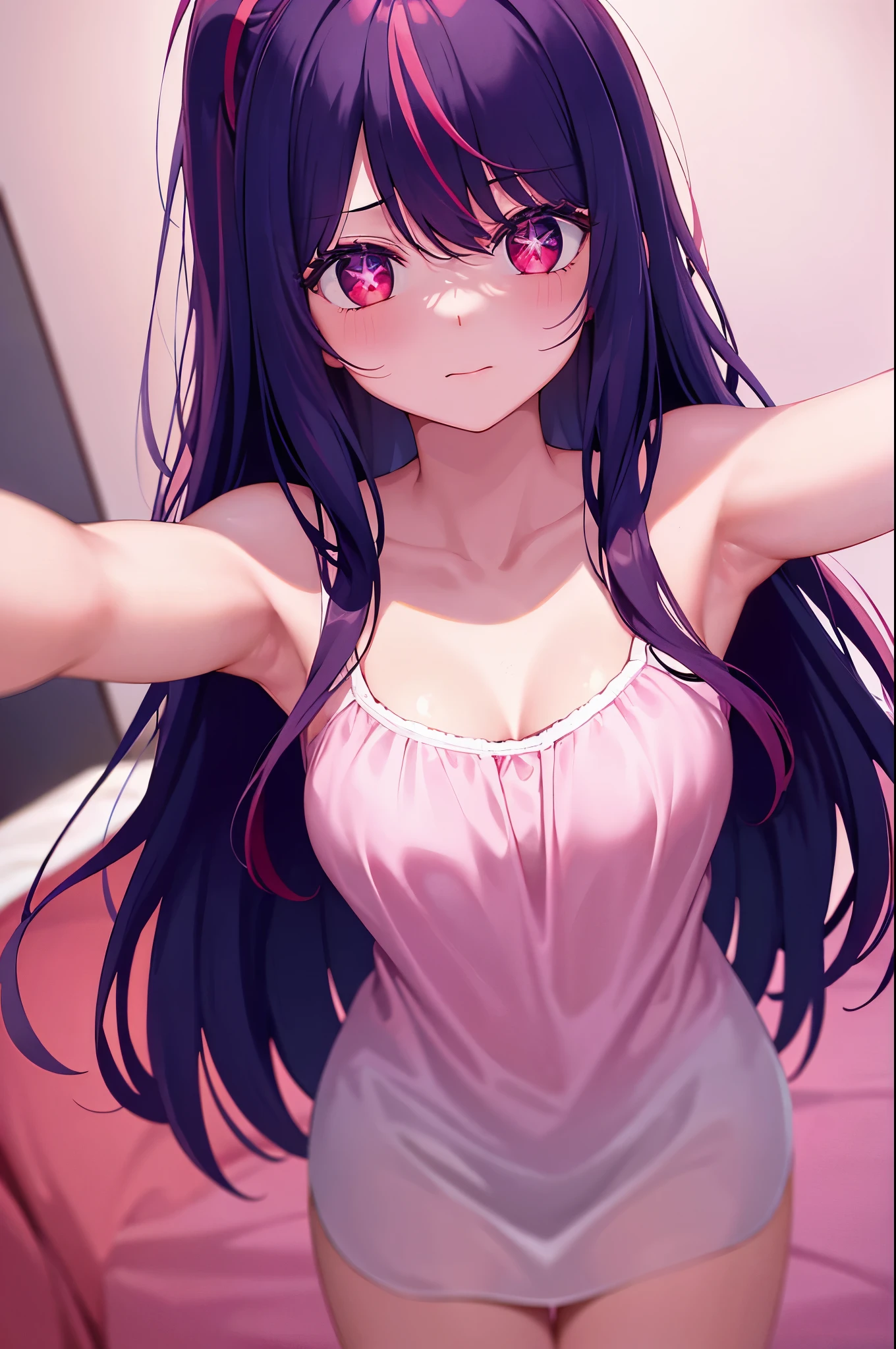  1girl, bangs, red eyes bright relucent light in hair, blush, collarbone, hair between eyes, long hair, looking at viewer, bra, home, cross legs, pink hair, portrait, shiny, shiny hair, side ponytail,