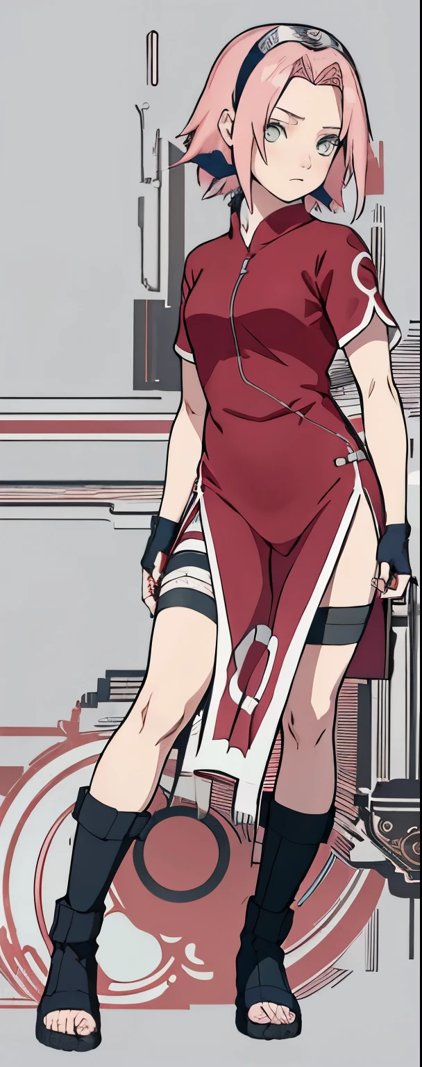 ((Best quality)), ((masterpiece)), ((details)), no background image, The image background is plain white, there is no background, perfect body, perfect face, sakura haruno, standing, looking at viewer, 1girl, solo, short hair, pink hair, green eyes, hands clenched into fists, black gloves, both hands clasped, open clothed, open wear, open the dressed, qipao dress red colour with round white mark in the middle clothes, open dress, seen underwear, black underwear, tight shortpants, transparent shortpant, seen pussy, detail, white thigh tie on right thigh, black high boot, black high knee sock, realistic, ultra high image quality, 8k, 8k wallpaper, 70mm lens camera.