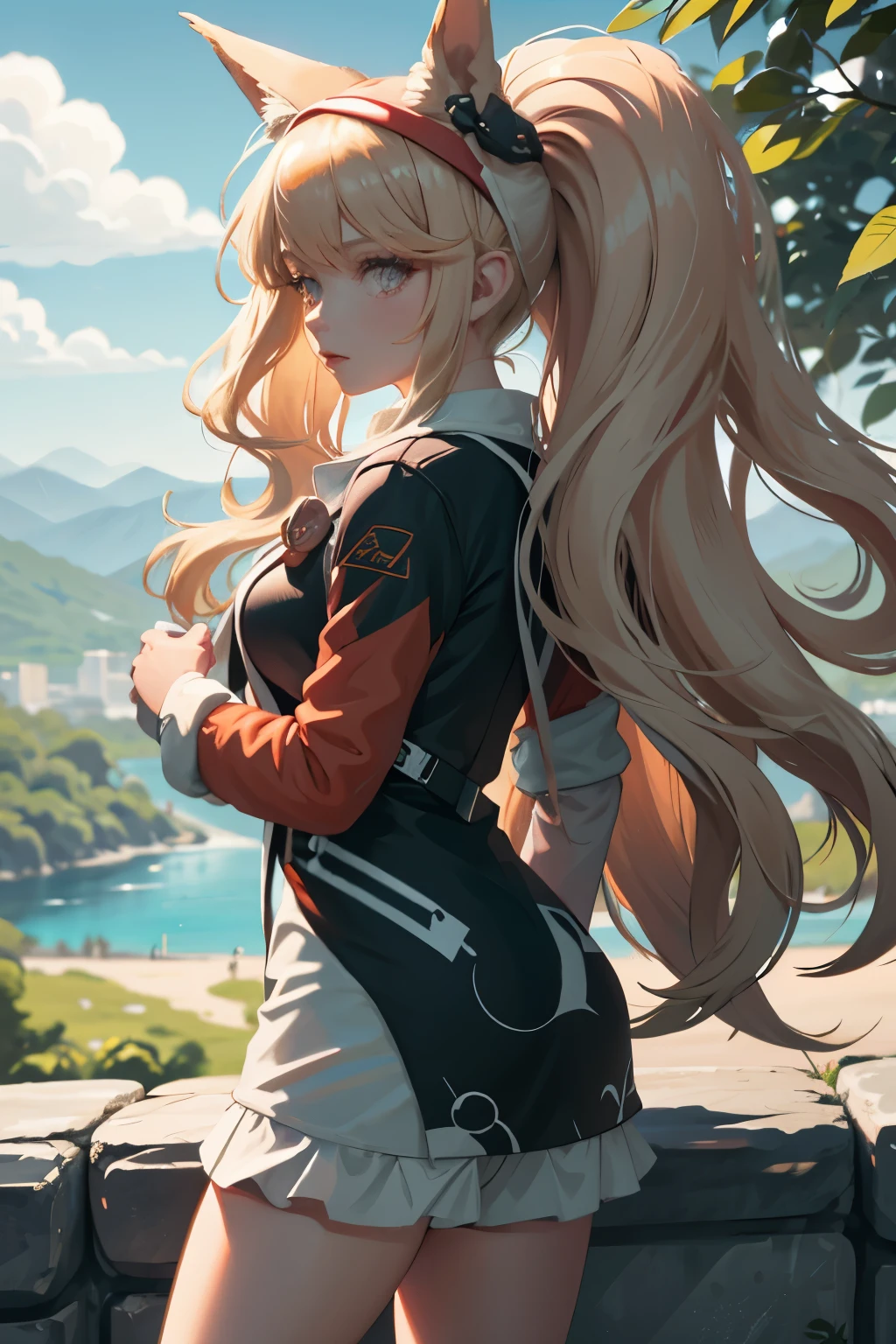 1 girl blonde con un pokemon estilo Eevee pero color blanco con 3 colas, zorrito blanco con ojos rojos, con un fondo de paisaje boscoso, naturaleza al aire libre