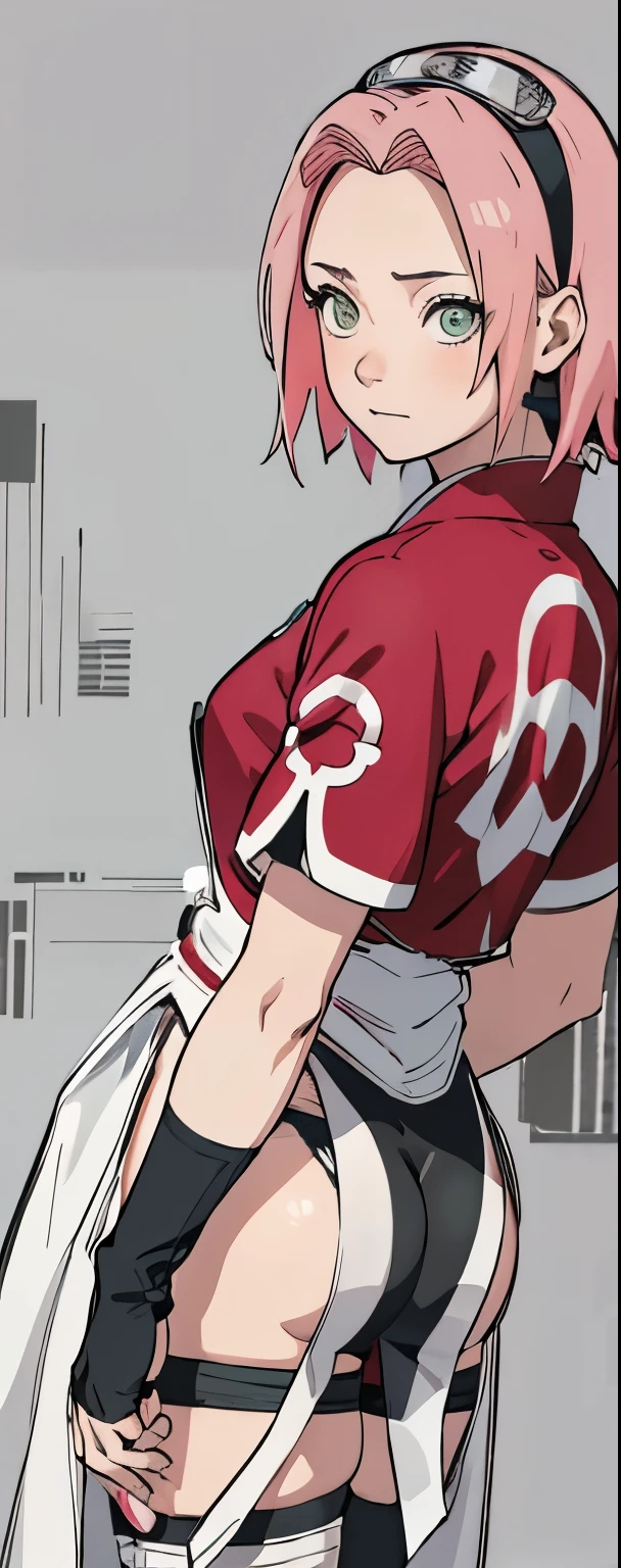 ((Best quality)), ((masterpiece)), ((details)), no background image, The image background is plain white, there is no background, perfect body, perfect face, sakura haruno, standing, looking at viewer, 1girl, solo, short hair, pink hair, green eyes, hands clenched into fists, black gloves, both hands clasped, open clothed, open wear, open the dressed, qipao dress red colour with round white mark in the middle clothes, open dress, seen underwear, black underwear, tight shortpants, transparent shortpant, seen pussy, detail, white thigh tie on right thigh, black high boot, black high knee sock, realistic, ultra high image quality, 8k, 8k wallpaper, 70mm lens camera.