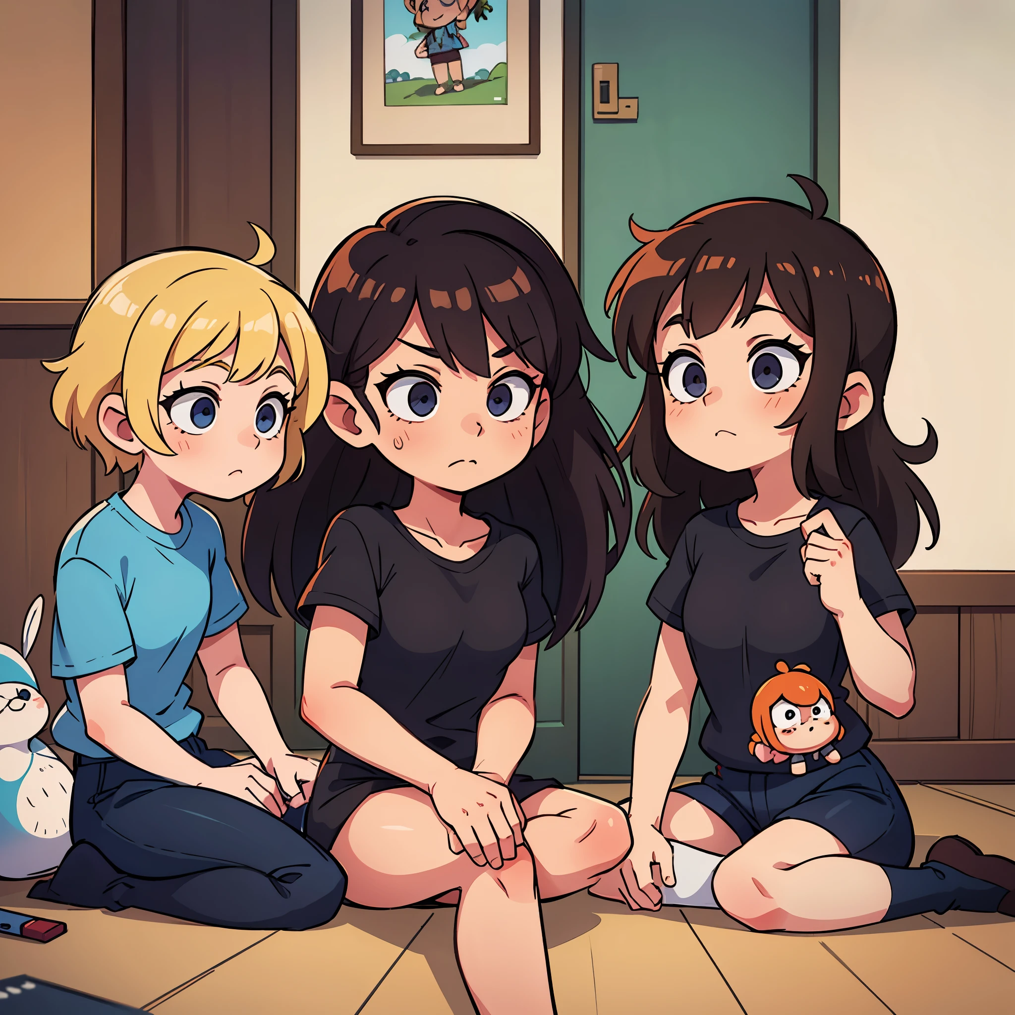 Three girls sit on the floor with their hands folded, Twink, Schenkel close up, Schenkel, Beine sichtbar, Beine und Arme, exposed Schenkel!!!, exposed Schenkel, seine Beine gespreizt, Brustbeine, Thicc, Enges Shirt, 15 Jahre alt, Schenkel!!!, He wears a black T-shirt, crossed legs, JK-Uniform