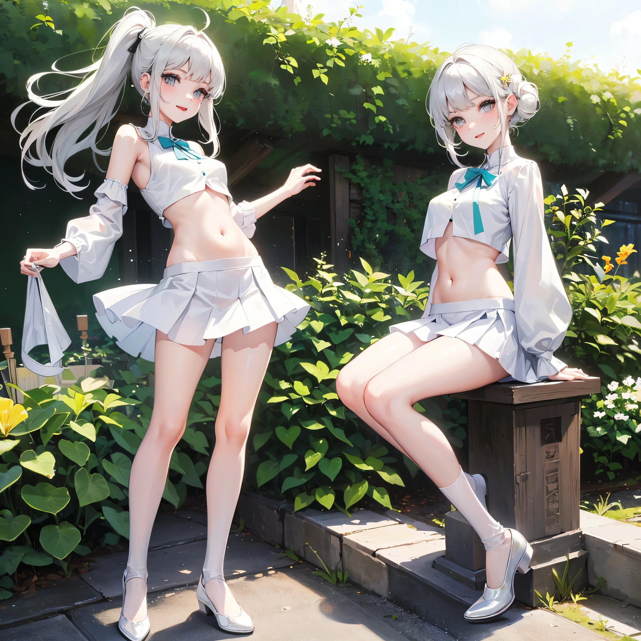 A large white leg，delicate skin，White shoes and white socks，Miniskirt shows belly，charming smile、Sexy sunshine、Beautiful little girl with straight breasts，full-body shot