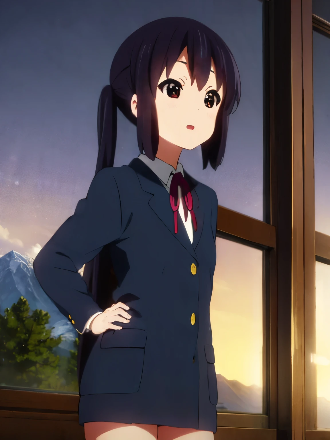 (best quality, masterpiece:1.2), 1girl, (((masterpiece))), top-quality, top-quality, High Details, nakano azusa, 1girl, Sakuragaoka High School Uniform, student clothes, Twin-tailed, length hair, A dark-haired, brown-eyed, 独奏, reddish, Dark blue blazer with thin red ribbon, Solid white buttoned shirt under blazer, illustratio, comic strip, soothing tones, Subdued Color, Soft cinematic light, adobe lightroom, photolab, HDR, intricately and hyper-detailed、(((depth of fields))))。(((masterpiece)))。(((top-quality))).)((ultra-detailliert)))。(((illustratio)))。(((takeout))).dynamic focus.big breasts.(((Mountain views))).(((A mountain scape))).(((Face of Smile))). open mouth.(((put hands on the hip))).(((up chest))).((evening glow)).((the setting sun)), solo, anime, anime screencap, ray tracing, global illumination, ultra resolution image, vivid color, cinematic light, lens flare, light on face, glow eyes, depth of field, happy, detailed background, cute, straight-on, dive dress, navel,