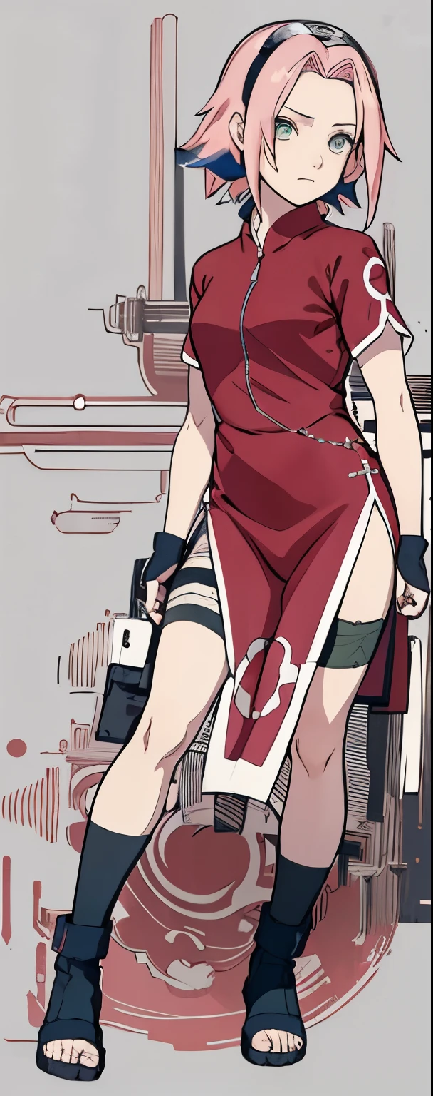 ((Best quality)), ((masterpiece)), ((details)), no background image, The image background is plain white, there is no background, perfect body, perfect face, sakura haruno, standing, looking at viewer, 1girl, solo, short hair, pink hair, green eyes, hands clenched into fists, black gloves, both hands clasped, open clothed, open wear, open the dressed, qipao dress red colour with round white mark in the middle clothes, open dress, seen underwear, black underwear, tight shortpants, transparent shortpant, seen pussy, detail, white thigh tie on right thigh, black high boot, black high knee sock, realistic, ultra high image quality, 8k, 8k wallpaper, 70mm lens camera.