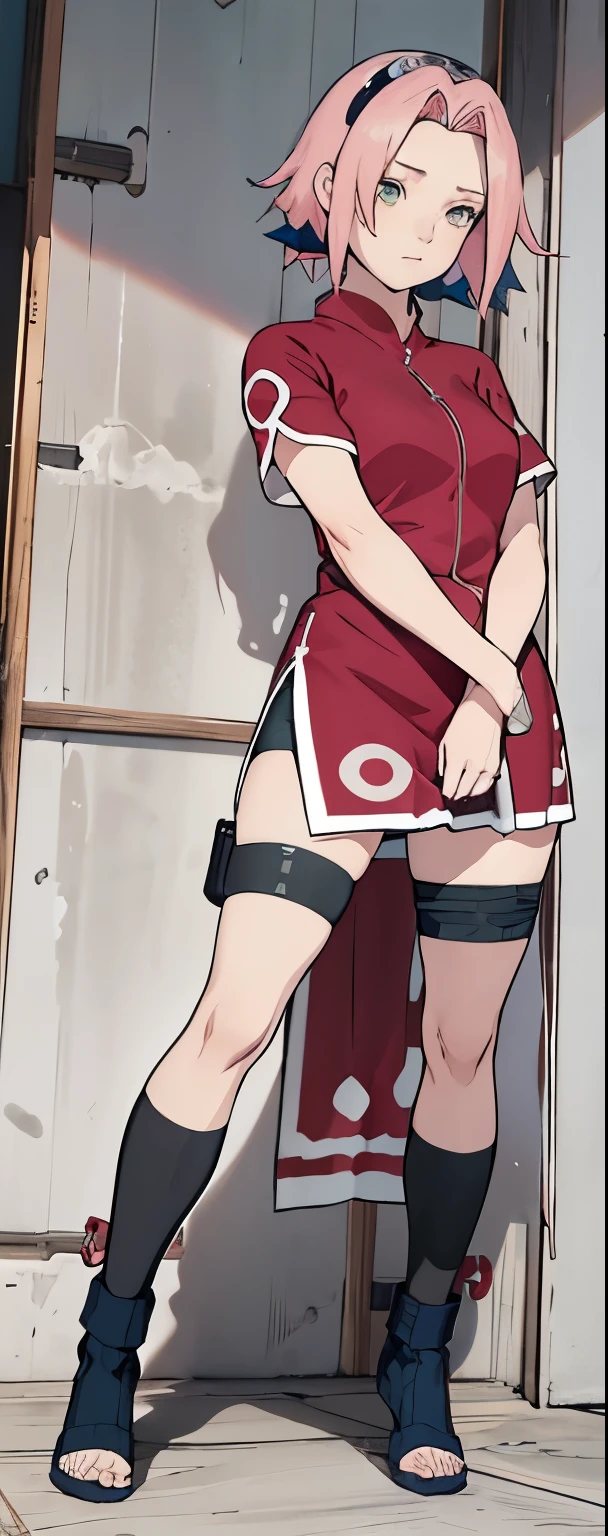 ((Best quality)), ((masterpiece)), ((details)), no background image, The image background is plain white, there is no background, perfect body, perfect face, sakura haruno, standing, looking at viewer, 1girl, solo, short hair, pink hair, green eyes, hands clenched into fists, black gloves, both hands clasped, open clothed, open wear, open the dressed, qipao dress red colour with round white mark in the middle clothes, open dress, seen underwear, black underwear, tight shortpants, transparent shortpant, seen pussy, detail, white thigh tie on right thigh, black high boot, black high knee sock, realistic, ultra high image quality, 8k, 8k wallpaper, 70mm lens camera.