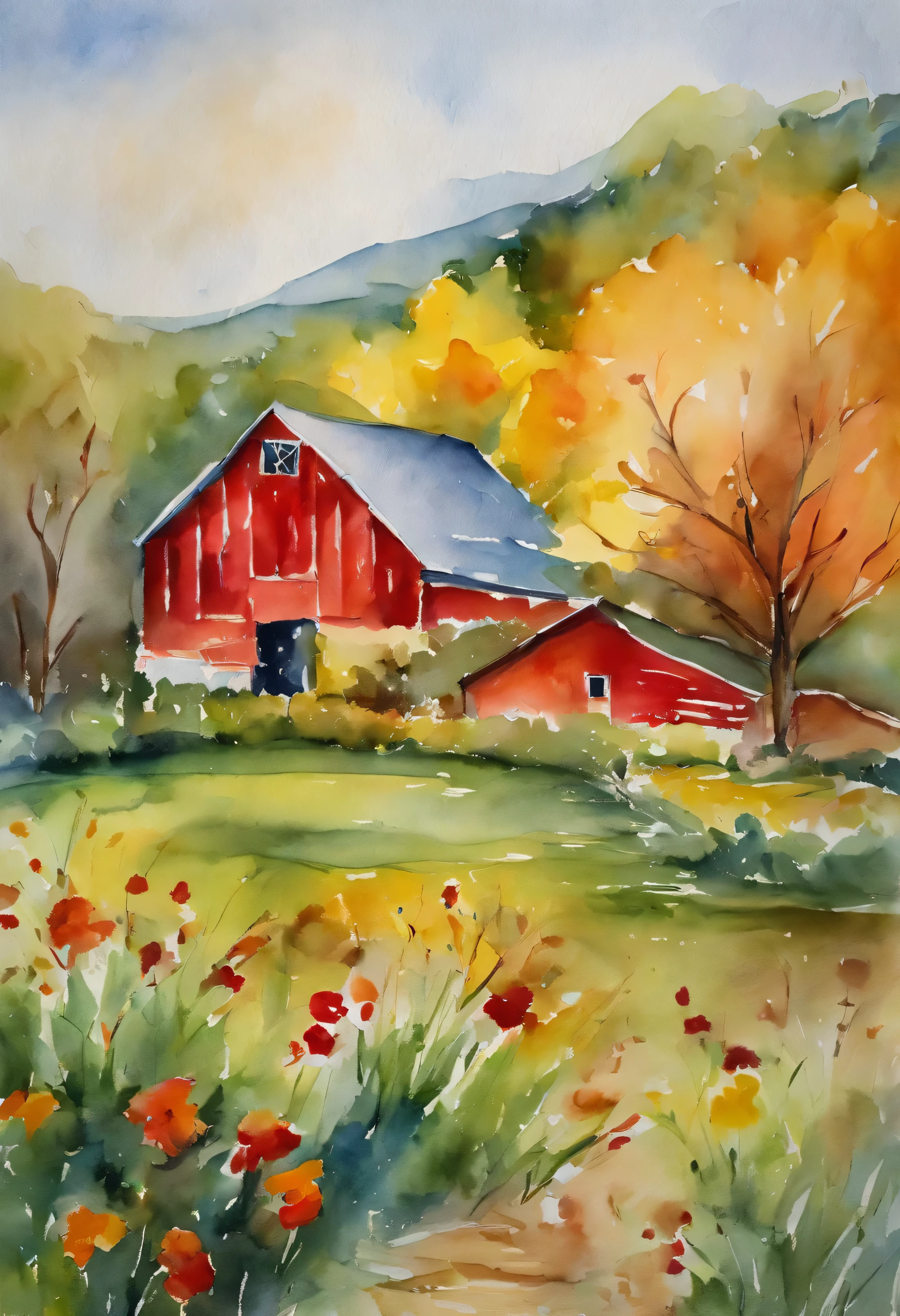 A mesmerizing 100% reverse watercolor painting showcasing the beauty of A collection of brush strokes in farm with Red barn , A mesmerizing 100% reverse watercolor painting showcasing the beauty of A collection of brush strokes In the form of parts of flowers in farm , not clearly defined random, infused with Mary Cassatt's tender strokes, the reverse watercolor technique creating an abstract and vibrant representation, Reverse watercolor painting on handmade watercolor paper, --Ar 1:1 --v 5