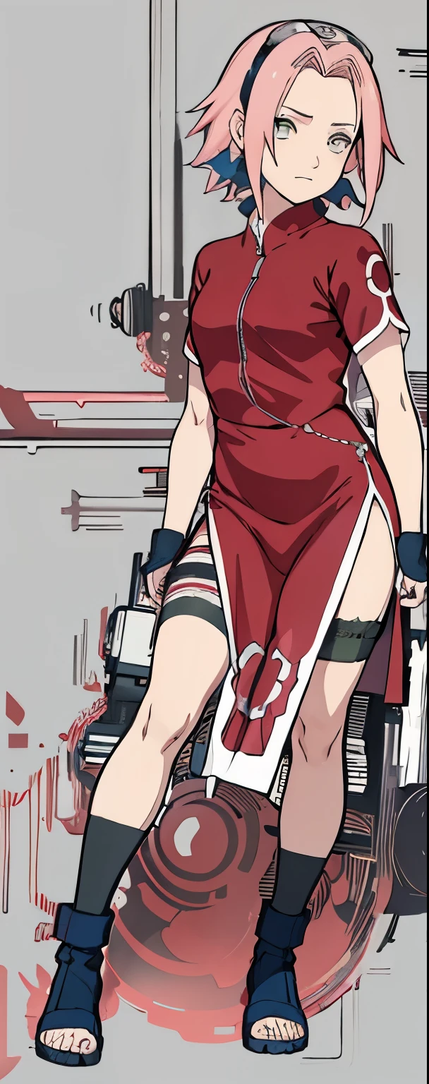 ((Best quality)), ((masterpiece)), ((details)), no background image, The image background is plain white, there is no background, perfect body, perfect face, sakura haruno, standing, looking at viewer, 1girl, solo, short hair, pink hair, green eyes, hands clenched into fists, black gloves, both hands clasped, open clothed, open wear, open the dressed, qipao dress red colour with round white mark in the middle clothes, open dress, seen underwear, black underwear, tight shortpants, transparent shortpant, seen pussy, detail, white thigh tie on right thigh, black high boot, black high knee sock, realistic, ultra high image quality, 8k, 8k wallpaper, 70mm lens camera.