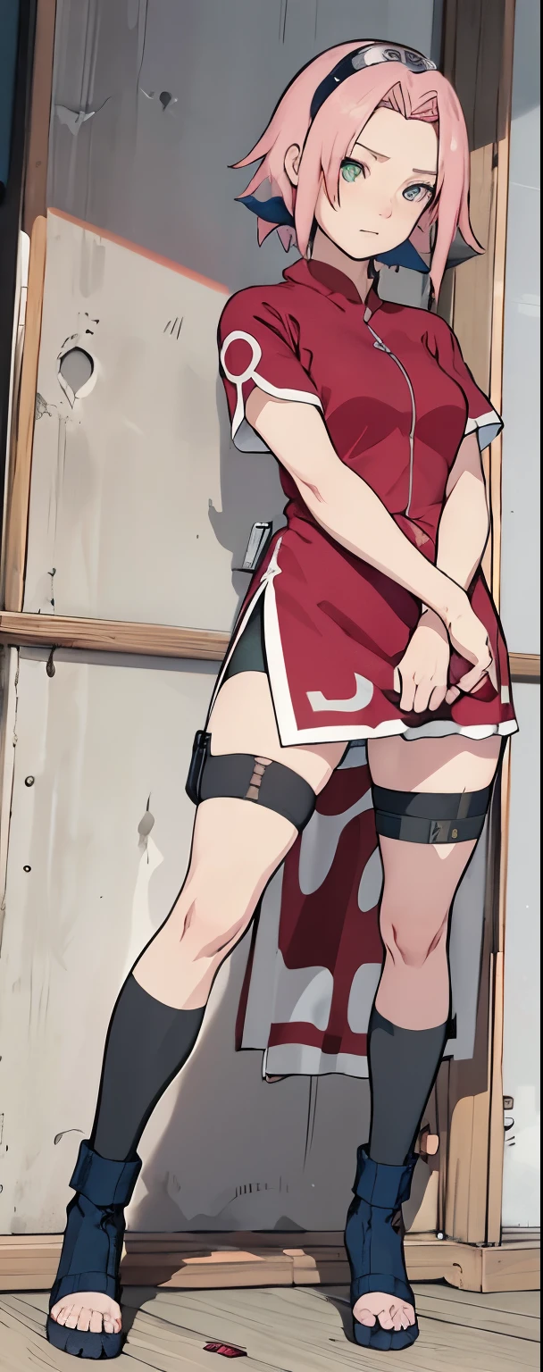 ((Best quality)), ((masterpiece)), ((details)), no background image, The image background is plain white, there is no background, perfect body, perfect face, sakura haruno, standing, looking at viewer, 1girl, solo, short hair, pink hair, green eyes, hands clenched into fists, black gloves, both hands clasped, open clothed, open wear, open the dressed, qipao dress red colour with round white mark in the middle clothes, open dress, seen underwear, black underwear, tight shortpants, transparent shortpant, seen pussy, detail, white thigh tie on right thigh, black high boot, black high knee sock, realistic, ultra high image quality, 8k, 8k wallpaper, 70mm lens camera.