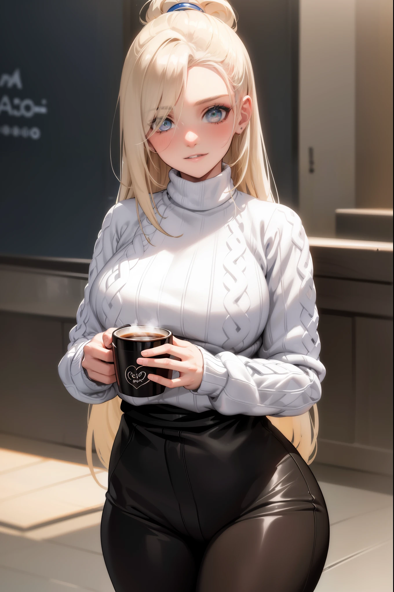 (tmasterpiece, melhor qualidade: 1.4), (Modernidade), (cowboy shot), Yamanaka, Ino, 1 girl, solo, Bunda POV, SFW, Amazing girl, (standingn: 1.1), dinamismo, (oversized white sweater, Knitted sweater: 1.4), (tight yoga pants, dark gray yoga pants: 1,4), (jaqueta azul marinho curta, Jaqueta jeans: 1,4), longos cabelos loiros, Quiff, heart shaped face, rosto elegante, cara bonita, rosto altamente detalhado, pele de alta profundidade, pele dos poros, subsurface dispersion, (olhos azuis detalhados), alunos realistas, seios grandes, Um sorriso amoroso, olhar para o espectador, Blush em todo o rosto, full lips, holds a cup of coffee, no centro, Coffee in the background, Rua da Cidade, dia ensolarado , O Vento, Antecedentes detalhados, Profundidade de campo, atmosphric perspective, voluminous lighting, foco nítido, Absurdidade, Realistic aspect ratio, boa anatomia, (Realista, Um hiper-realista: 1.4),