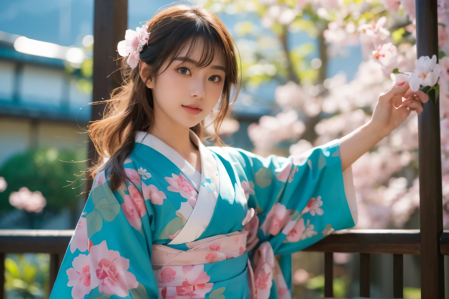 masterpiece, best quality, photorealistic portrait, ultra-detail, detail, high-res, 8k Wallpaper, hyper realistic scenery moment detail photography, dramatic shade light, close up model pose, full body cute gesture of a cute japanese girl teenage 18-years old wearing satin turquoise kimono traditional japan with pink sakura motif, slender type body, goddess beauty with bright skin, proportional body, big blue eyes, blush cheeks, hazel brown long hair, sweet smile, body sweating & moist skin facial texture, detail facial with texture skin & pore, super model proportions, posing on terrace traditional japan home, lush garden, beauty japan park, with green & white copper, magic hour moment, sun light, flare light, dramatic photography, HDR10 8K. Perfect dynamic composition, beautiful detail eyes, eyes on camera.