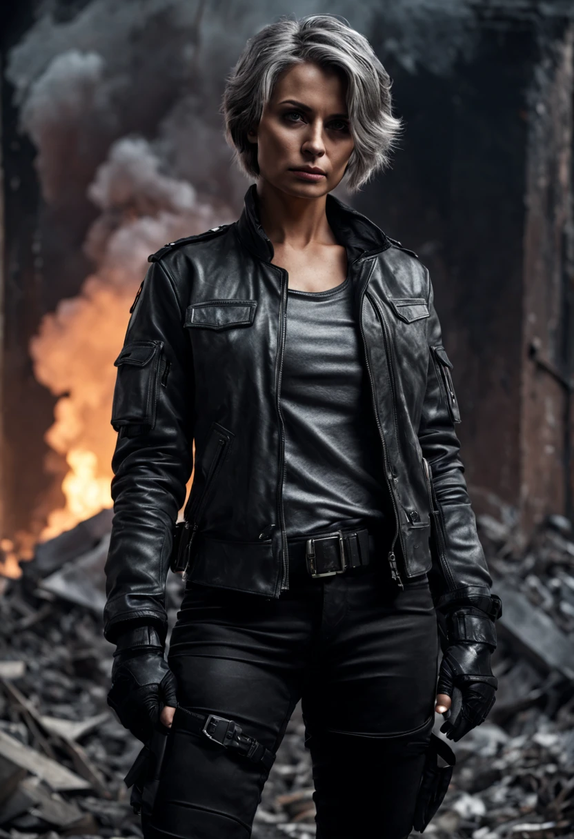 Best Quality, 4k, 8k, High Definition, Ultra Detail, Realistic, Photorealistic, Portrait, High Contrast, Grungy, Monochrome, Dark Atmosphere, Female Version, Full Body, Standing, Nice Fullness, Focused Eyes, Determined Expression, Very Short Gray Hair , body armor, black leather jacket, body armor, combat boots, two pistols in hand, "APS", tactical gloves, T-shirt with Putin's image, background of destroyed city ruins, smoke and debris, single spotlight, dramatic lighting