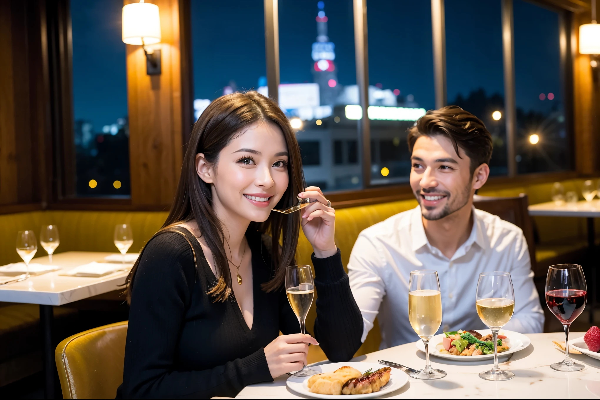 64k, UHD, highest quality, masterpiece: 1.2), (realistic, photorealistic: 1.37),やわらかなsmile、kind expression、 Super detailed, celebration party、beauty、Charm、beautiful mature woman、3 women who love wine、three men、champagne、Sparkling wine、winter night、restaurantでワイン宴会、(slimな男女4名),(Wine party for 5 people)、(slimフェイス),Happy、 最高なsmile、Fox Face、Berry Short、(because I'thin), (brown hair), (shortcut), long sleeve shirt、winter fashion、Colombia、Brazilian、Japanese、Dutch、German、Portuguese、Belgian、Italian、french, (gushing), (slimボティ), (brown hair), (shortcut), 端正なbeauty、cheeks blush a little, (41 years old), 38 years old, 35 years old、32 years old、 A beautiful and detailed night view spreads out outside the window........, restaurant, wine glassが座っている, At night, in a prominent place (from the Upper body) nova frog style, actress, model, Upper body, White wine, slim, wine glass, very beautiful night view, wine glass Put in the Middle, Happy smile, (smile: 1.15),