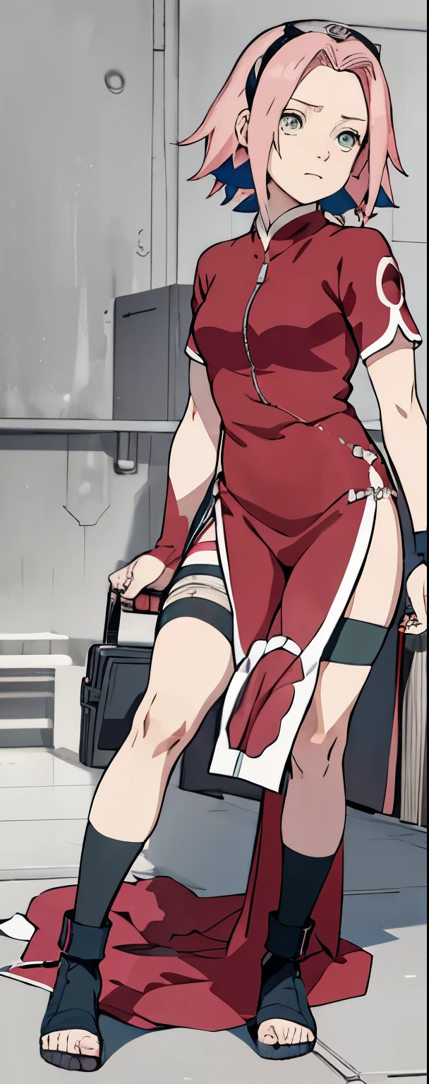 ((Best quality)), ((masterpiece)), ((details)), no background image, The image background is plain white, there is no background, perfect body, perfect face, sakura haruno, standing, looking at viewer, 1girl, solo, short hair, pink hair, green eyes, hands clenched into fists, black gloves, both hands clasped, open clothed, open wear, open the dressed, qipao dress red colour with round white mark in the middle clothes, open dress, seen underwear, black underwear, tight shortpants, transparent shortpant, seen pussy, detail, white thigh tie on right thigh, black high boot, black high knee sock, realistic, ultra high image quality, 8k, 8k wallpaper, 70mm lens camera.