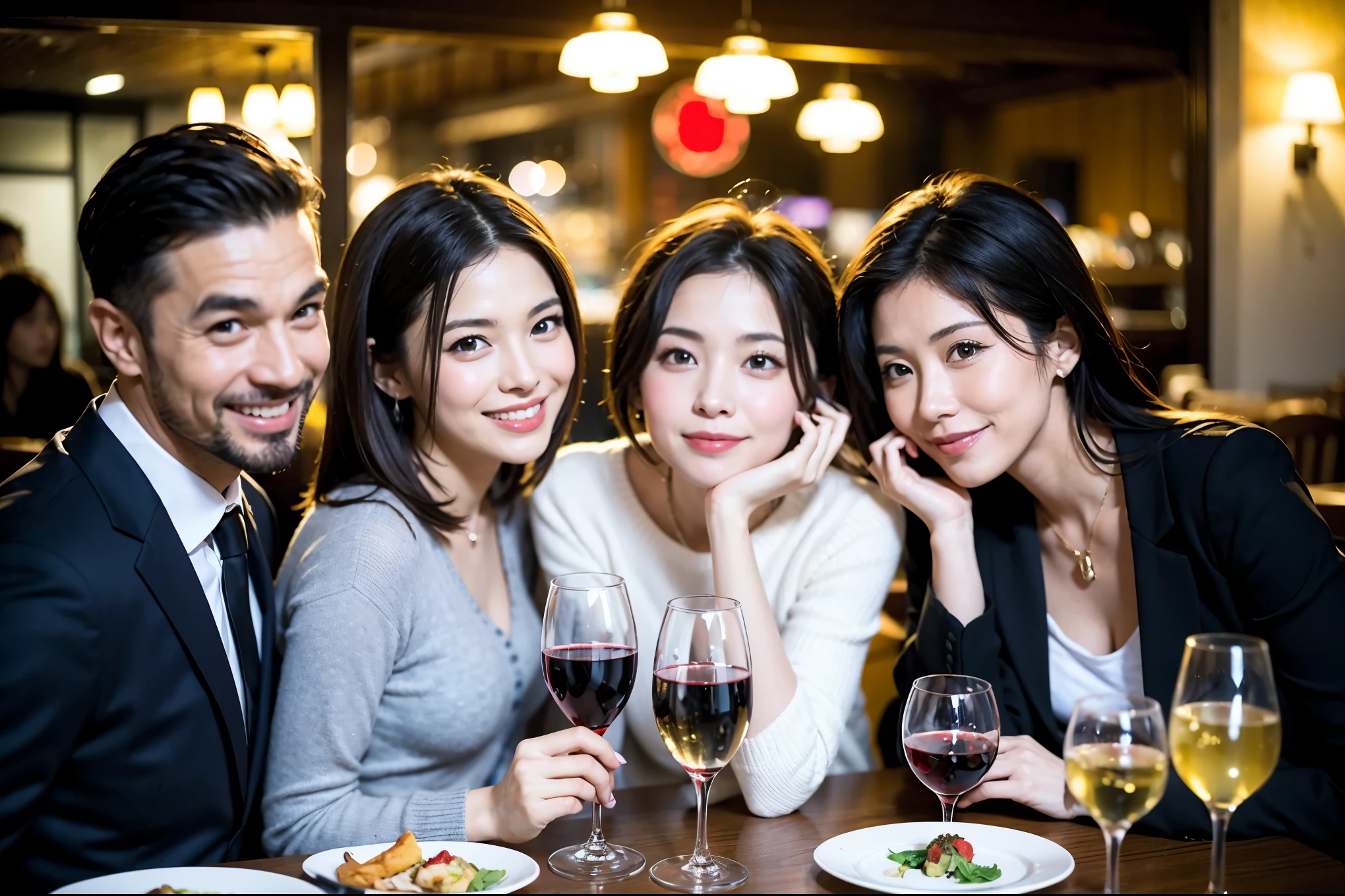 64k, UHD, highest quality, masterpiece: 1.2), (realistic, photorealistic: 1.37),やわらかなsmile、kind expression、 Super detailed, celebration party、beauty、Charm、beautiful mature woman、3 women who love wine、three men、champagne、Sparkling wine、winter night、restaurantでワイン宴会、(slimな男女4名),(Wine party for 5 people)、(slimフェイス),Happy、 最高なsmile、Fox Face、Berry Short、(because I'thin), (brown hair), (shortcut), long sleeve shirt、winter fashion、Colombia、Brazilian、Japanese、Dutch、German、Portuguese、Belgian、Italian、french, (gushing), (slimボティ), (brown hair), (shortcut), 端正なbeauty、cheeks blush a little, (41 years old), 38 years old, 35 years old、32 years old、 A beautiful and detailed night view spreads out outside the window........, restaurant, wine glassが座っている, At night, in a prominent place (from the Upper body) nova frog style, actress, model, Upper body, White wine, slim, wine glass, very beautiful night view, wine glass Put in the Middle, Happy smile, (smile: 1.15),