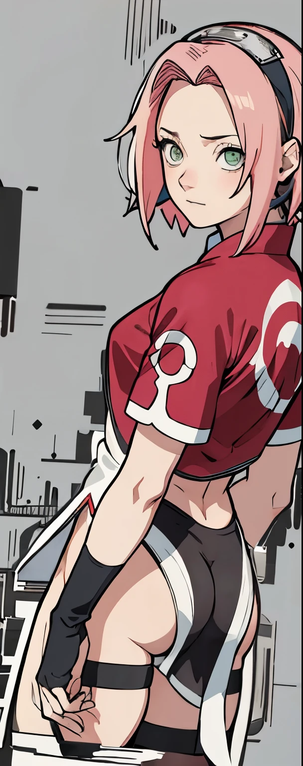 ((Best quality)), ((masterpiece)), ((details)), no background image, The image background is plain white, there is no background, perfect body, perfect face, sakura haruno, standing, looking at viewer, 1girl, solo, short hair, pink hair, green eyes, hands clenched into fists, black gloves, both hands clasped, open clothed, open wear, open the dressed, qipao dress red colour with round white mark in the middle clothes, open dress, seen underwear, black underwear, tight shortpants, transparent shortpant, seen pussy, detail, white thigh tie on right thigh, black high boot, black high knee sock, realistic, ultra high image quality, 8k, 8k wallpaper, 70mm lens camera.