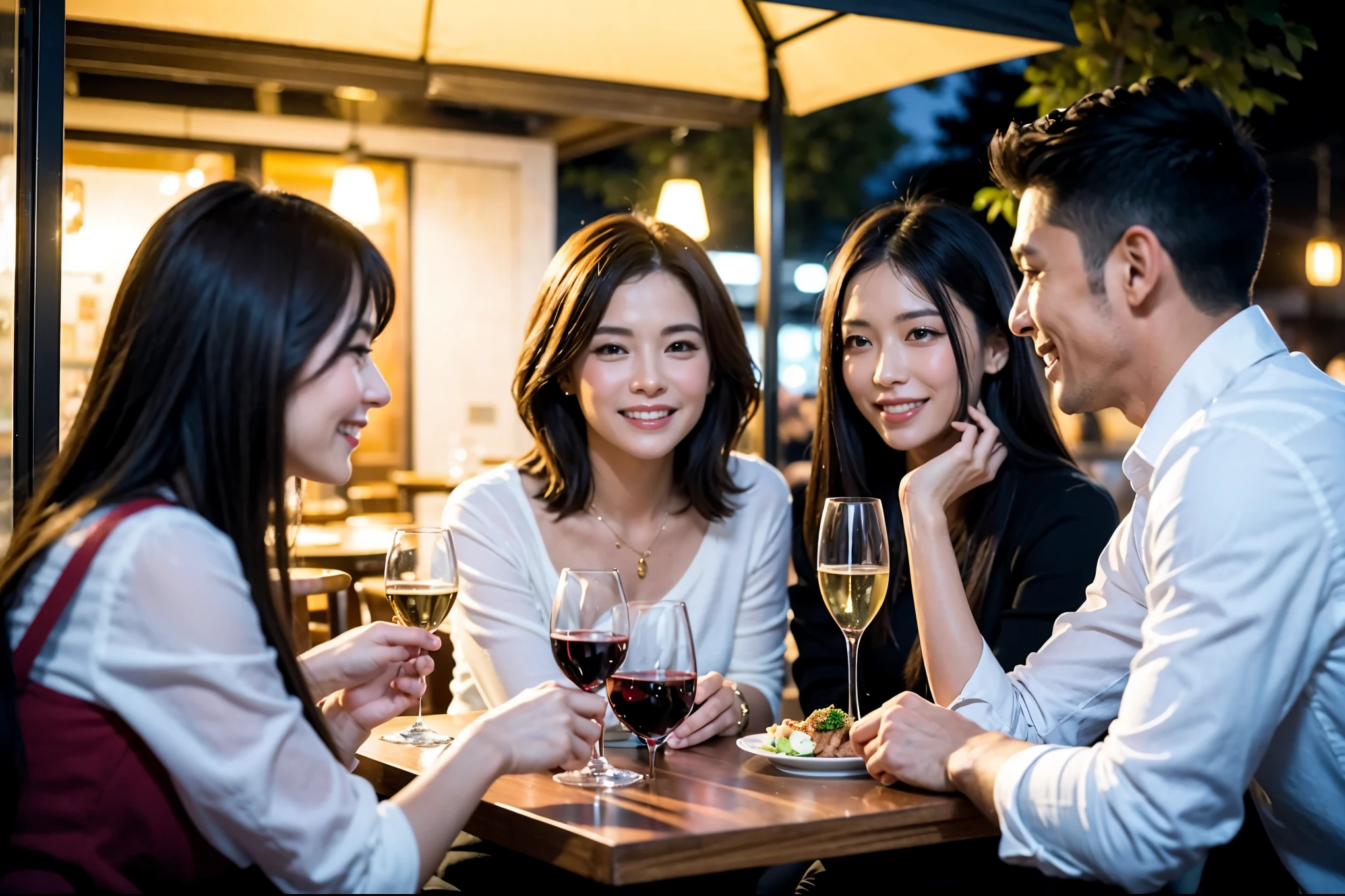 64k, UHD, highest quality, masterpiece: 1.2), (realistic, photorealistic: 1.37),やわらかなsmile、kind expression、 Super detailed, celebration party、beauty、Charm、beautiful mature woman、3 women who love wine、three men、champagne、Sparkling wine、winter night、restaurantでワイン宴会、(slimな男女4名),(Wine party for 5 people)、(slimフェイス),Happy、 最高なsmile、Fox Face、Berry Short、(because I'thin), (brown hair), (shortcut), long sleeve shirt、winter fashion、Colombia、Brazilian、Japanese、Dutch、German、Portuguese、Belgian、Italian、french, (gushing), (slimボティ), (brown hair), (shortcut), 端正なbeauty、cheeks blush a little, (41 years old), 38 years old, 35 years old、32 years old、 A beautiful and detailed night view spreads out outside the window........, restaurant, wine glassが座っている, At night, in a prominent place (from the Upper body) nova frog style, actress, model, Upper body, White wine, slim, wine glass, very beautiful night view, wine glass Put in the Middle, Happy smile, (smile: 1.15),