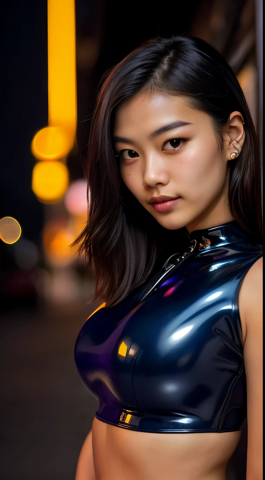  RAW uhd portrait photo of a 22-year-old Korean (brown-eyed ) walking down a dark alleyway, natural breasts_b, nighttime city background, (navy latex dress), (cleavage), detailed (textures!, hair!, shine, color!!, imperfections:1.1), highly detailed glossy eyes, (looking at the camera), specular lighting, dslr, ultra quality, sharp focus, tack sharp, dof, film grain, (centered), Fujifilm XT3, crystal clear, center of frame, cute face, sharp focus, street lamp, neon lights, bokeh, (dimly lit), low key, at night, (night sky) detailed skin pores, oiled skin, tan, intricate eye detail