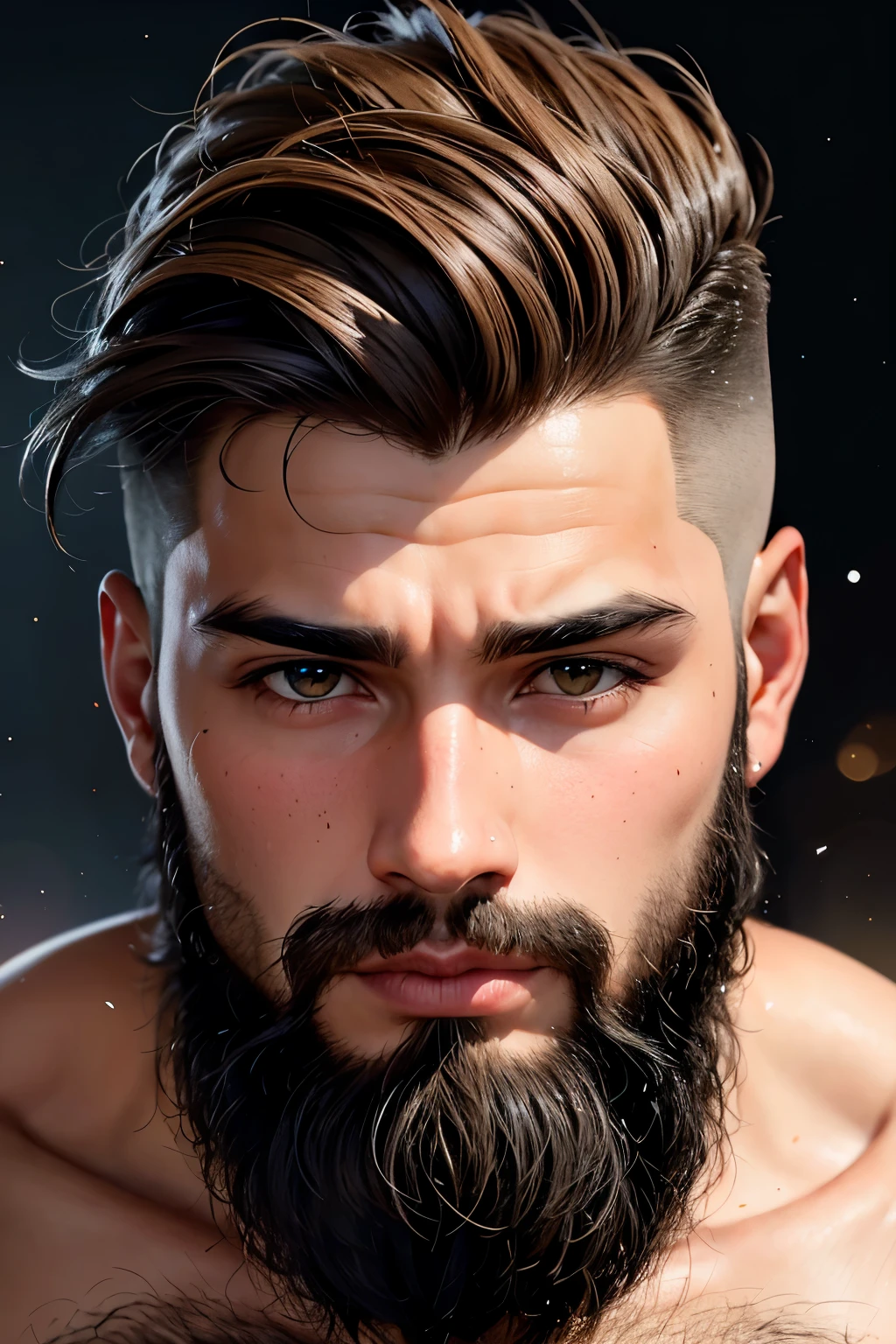 1 garoto , moreno, cabelo curto crespo, barbudo, nervoso , Close-up , fogo em seus olhos , glittering particles