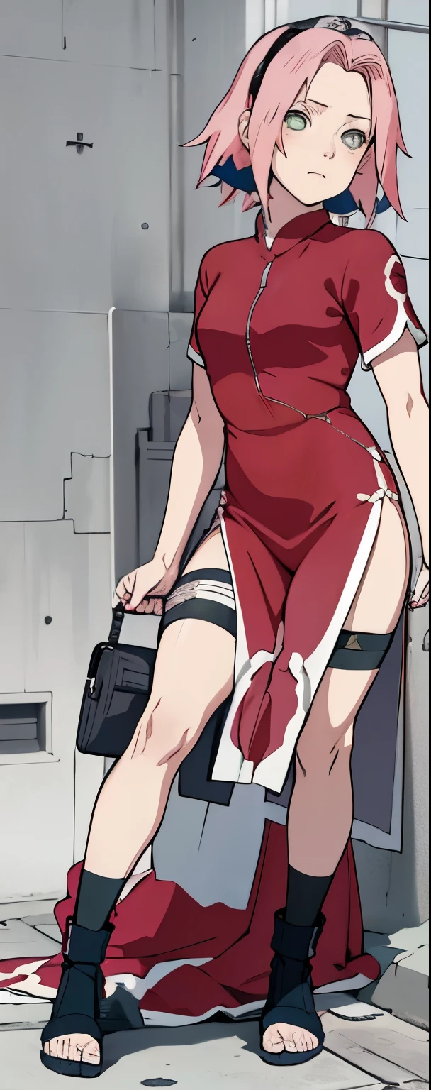 ((Best quality)), ((masterpiece)), ((details)), no background image, The image background is plain white, there is no background, perfect body, perfect face, sakura haruno, standing, looking at viewer, 1girl, solo, short hair, pink hair, green eyes, hands clenched into fists, black gloves, both hands clasped, open clothed, open wear, open the dressed, qipao dress red colour with round white mark in the middle clothes, open dress, seen underwear, black underwear, tight shortpants, transparent shortpant, seen pussy, detail, white thigh tie on right thigh, black high boot, black high knee sock, realistic, ultra high image quality, 8k, 8k wallpaper, 70mm lens camera.