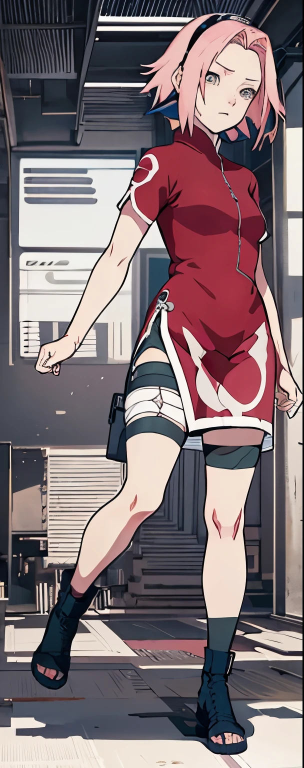 ((Best quality)), ((masterpiece)), ((details)), no background image, The image background is plain white, there is no background, perfect body, perfect face, sakura haruno, standing, looking at viewer, 1girl, solo, short hair, pink hair, green eyes, hands clenched into fists, black gloves, both hands clasped, open clothed, open wear, open the dressed, qipao dress red colour with round white mark in the middle clothes, open dress, seen underwear, black underwear, tight shortpants, transparent shortpant, seen pussy, detail, white thigh tie on right thigh, black high boot, black high knee sock, realistic, ultra high image quality, 8k, 8k wallpaper, 70mm lens camera.