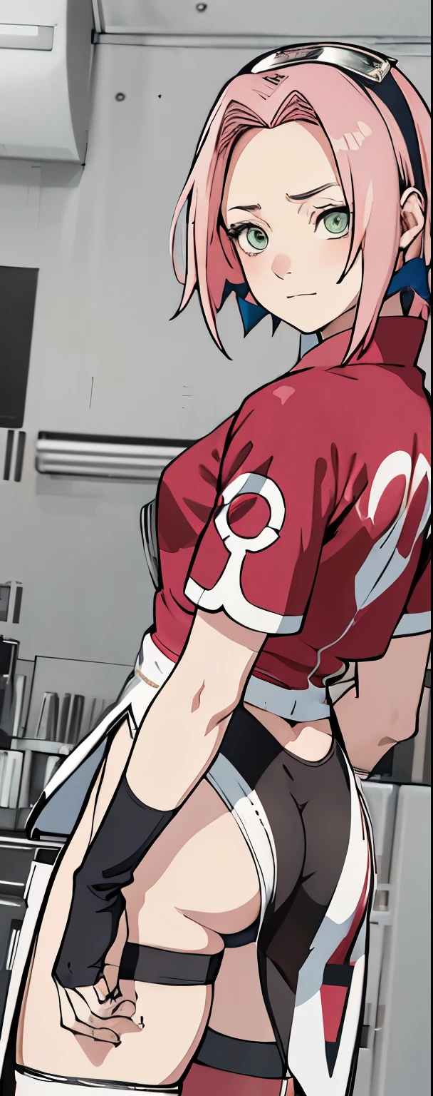 ((Best quality)), ((masterpiece)), ((details)), no background image, The image background is plain white, there is no background, perfect body, perfect face, sakura haruno, standing, looking at viewer, 1girl, solo, short hair, pink hair, green eyes, hands clenched into fists, black gloves, both hands clasped, open clothed, open wear, open the dressed, qipao dress red colour with round white mark in the middle clothes, open dress, seen underwear, black underwear, tight shortpants, transparent shortpant, seen pussy, detail, white thigh tie on right thigh, black high boot, black high knee sock, realistic, ultra high image quality, 8k, 8k wallpaper, 70mm lens camera.